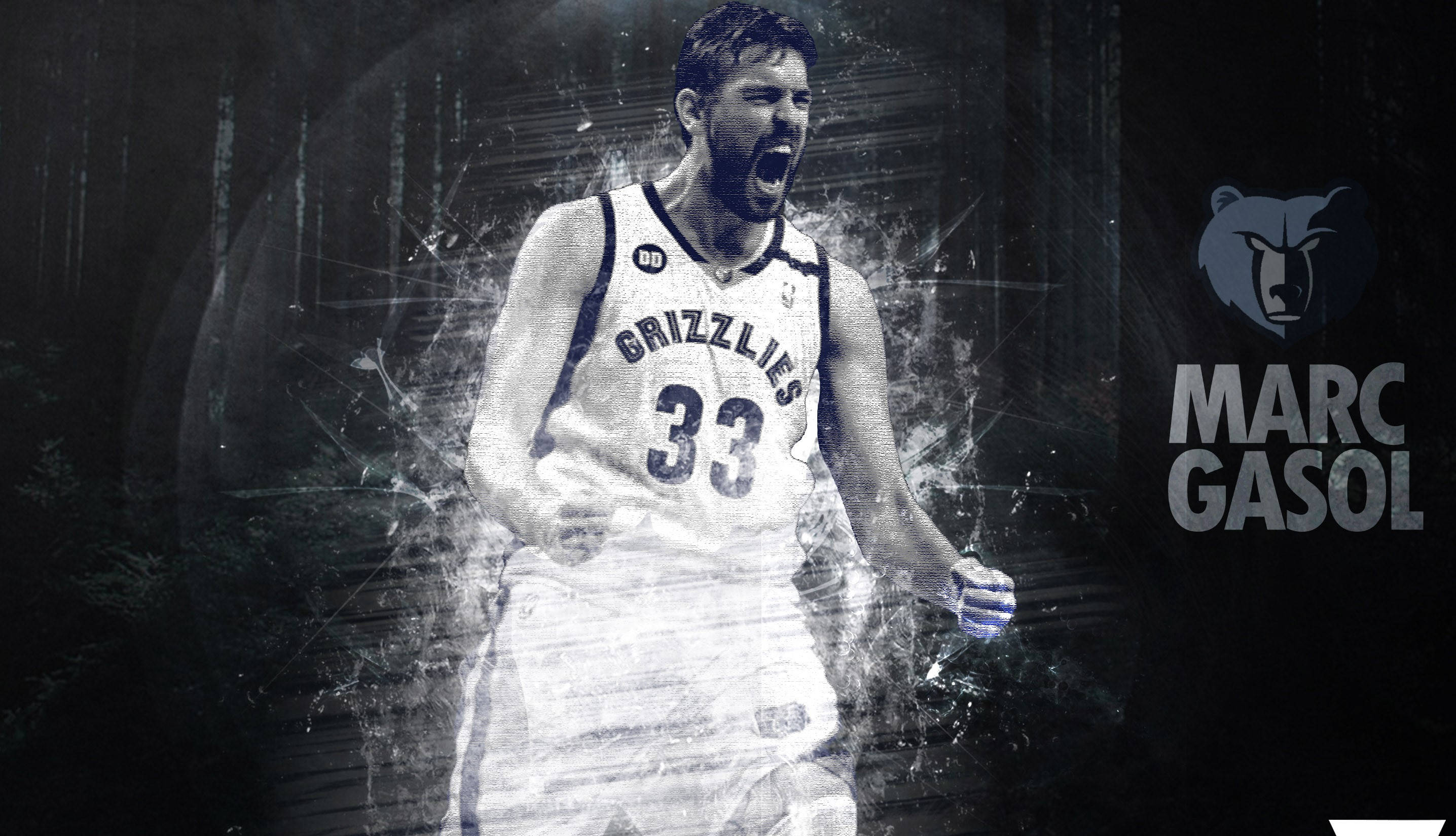Grizzlies 桌布 壁紙 — 一名身穿灰熊隊球衣的籃球運動員在黑暗粗糙的背景中，伴隨著碎玻璃效果，發出強烈的咆哮。