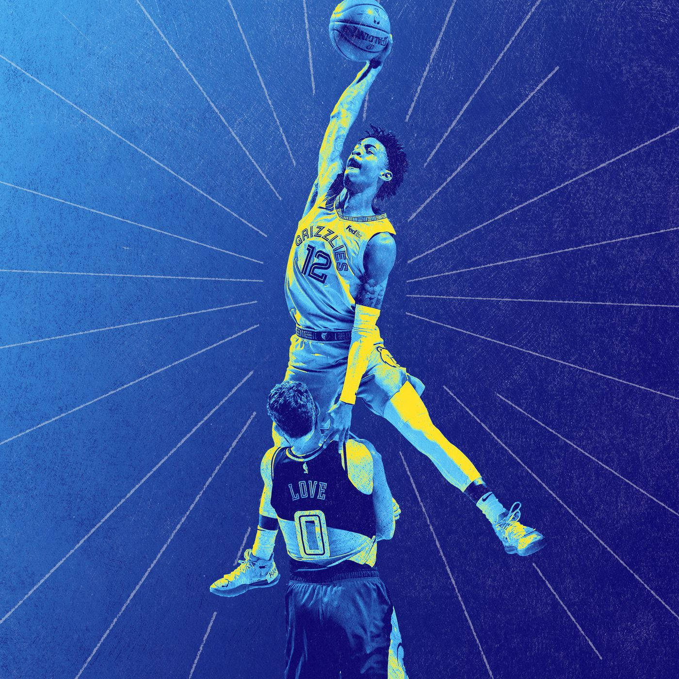 身穿灰熊隊球衣的籃球運動員躍過對手灌籃。 — Ja Morant 動圖 壁紙