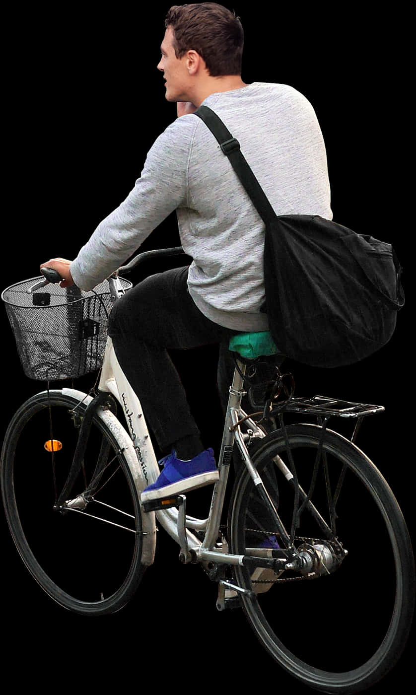 腳踏車 桌布 壁紙 — 一名身穿灰色毛衣和藍色運動鞋的男子，騎著一輛帶有黑色籃子和背包的白色自行車，背景為純黑色。