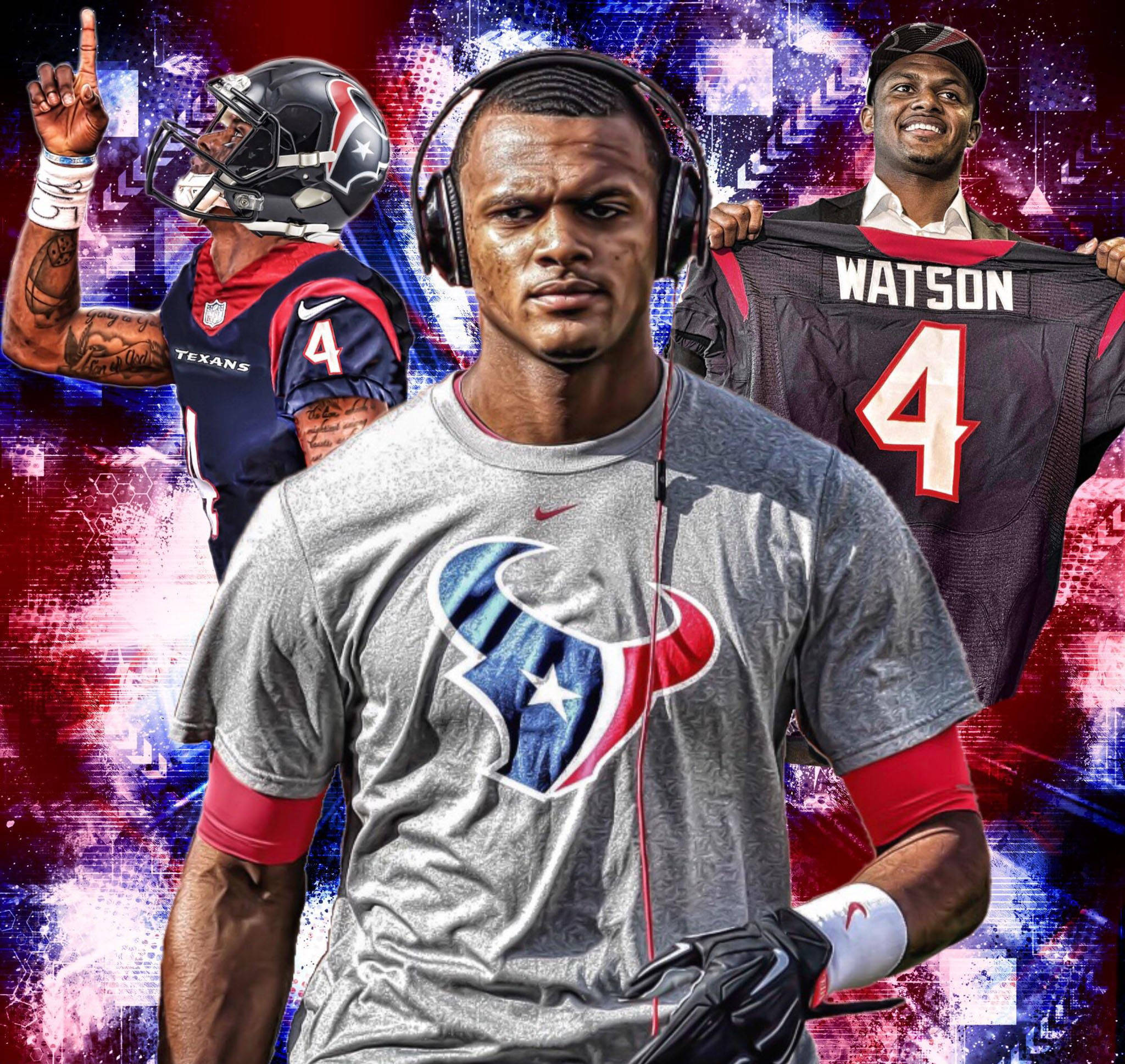 Deshaun Watson 桌布 壁紙 — 一名身穿灰色球衣、戴著耳機的休士頓德州人美式足球員站在舞台中央，兩側是身穿制服的兩個自己，背景是充滿活力的數位故障效果。