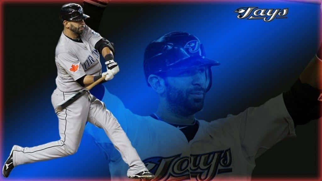 Blue Jays. 桌布 壁紙 — 一名身穿灰色球衣的棒球選手正在揮棒，身後有另一位球員的藍色調肖像。