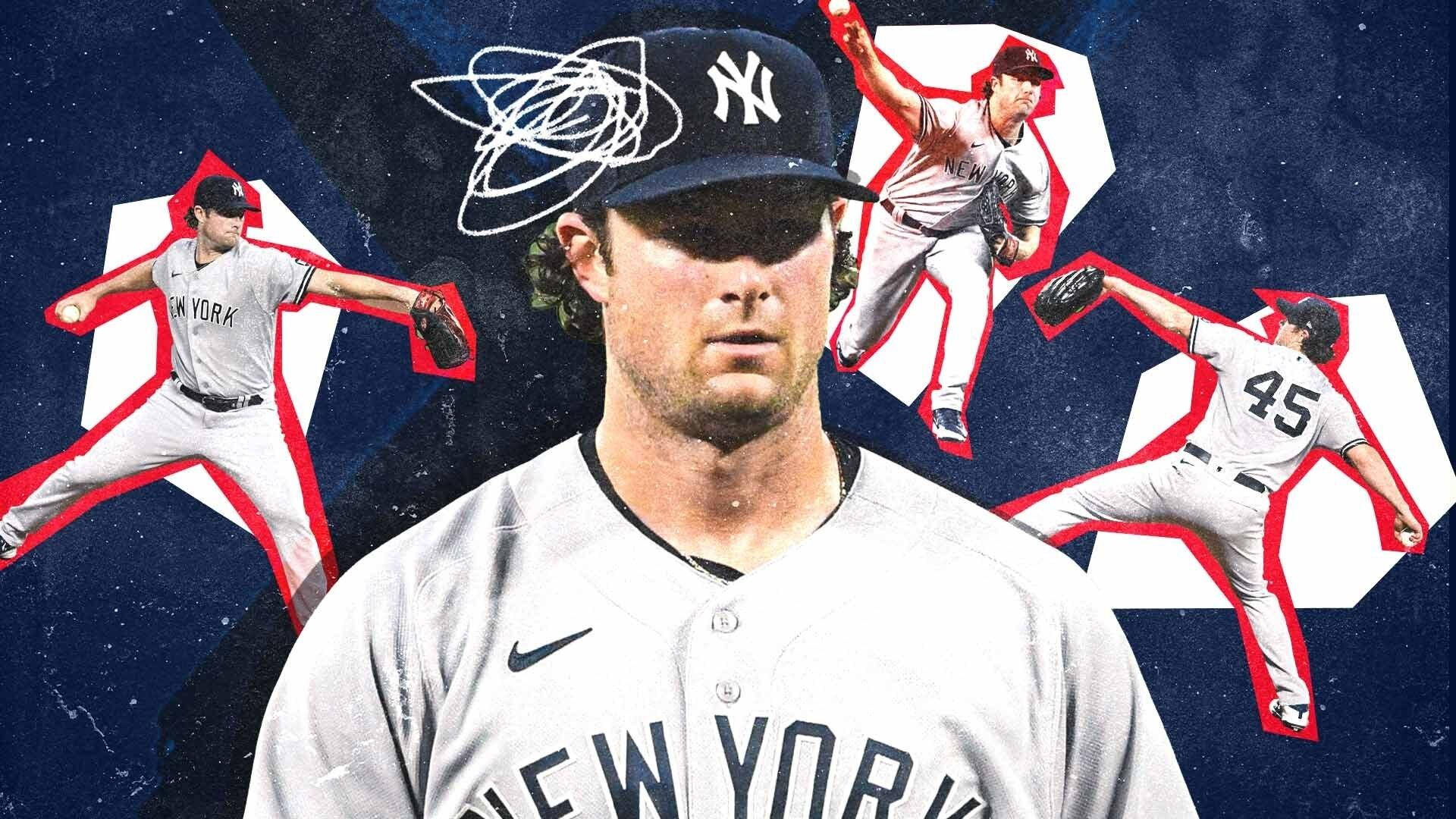 Gerrit Cole 桌布 壁紙 — 一名身穿灰色球衣的紐約洋基棒球選手站在畫面中央，背景是繁星點點的夜空，周圍有紅色輪廓的六邊形，展示他自己投球的動態動作照片。