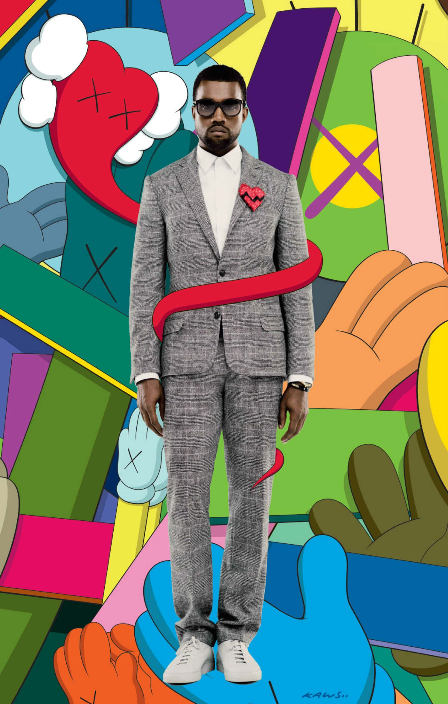 Kaws Artwork 桌布 壁紙 — 一名身穿灰色西裝的男子自信地站在充滿色彩繽紛卡通手和心形的流行藝術背景前。