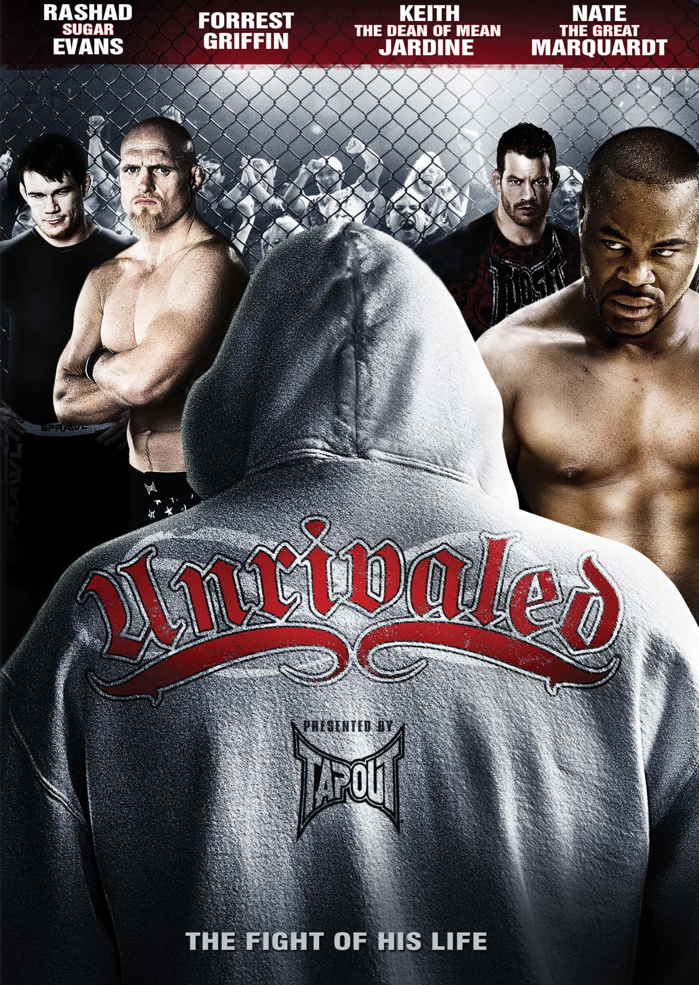 poster 桌布 壁紙 — 一名身穿灰色連帽衫、上面有紅色「Unrivaled」字樣的戰士，面對鐵絲網後面的四名肌肉發達的MMA對手。