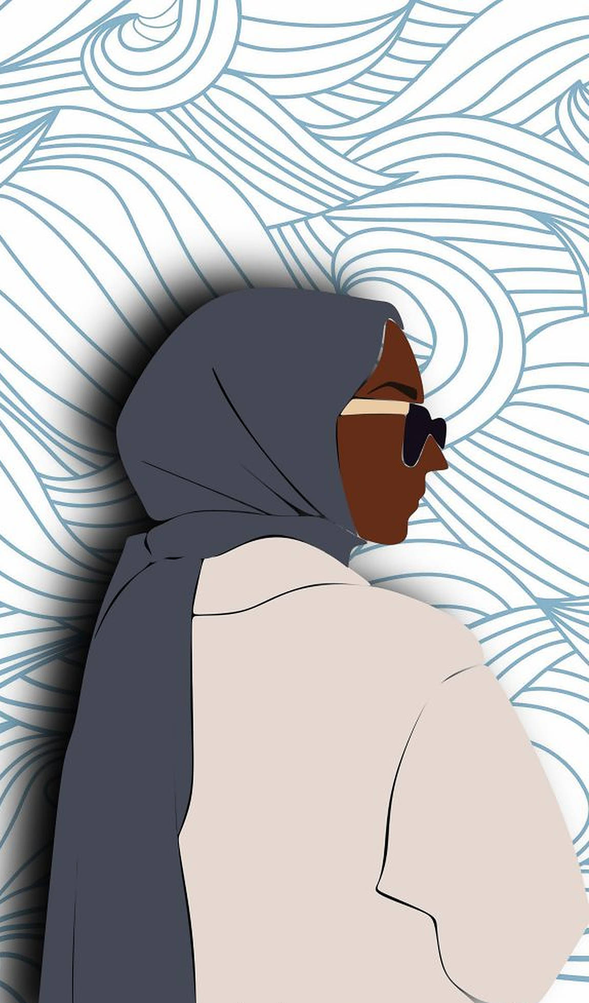 muslim 桌布 壁紙 — 一名身穿灰色頭巾和太陽眼鏡的人靠著旋轉的藍白圖案背景。
