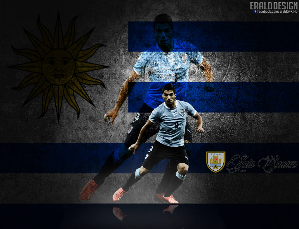 Uruguay 桌布 壁紙 — 一名身穿烏拉圭球衣的動感足球運動員在烏拉圭國旗和太陽標誌的紋理背景下運球。