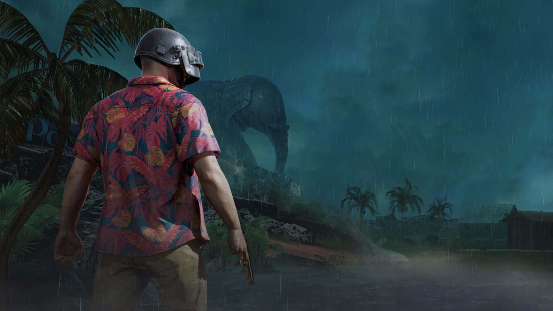 games 桌布 壁紙 — 一名身穿熱帶襯衫和頭盔的士兵站在雨中，在夜晚的暴風雨叢林中面對一頭巨象。