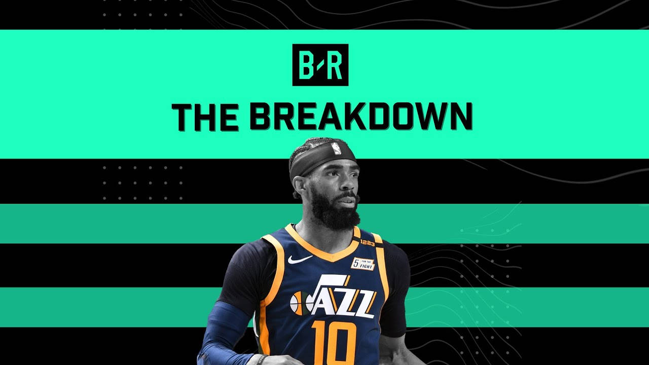 mike conley 桌布 壁紙 — 一名身穿爵士隊球衣的籃球運動員，站在大膽的藍綠色和黑色條紋背景前，帶有「THE BREAKDOWN」文字。