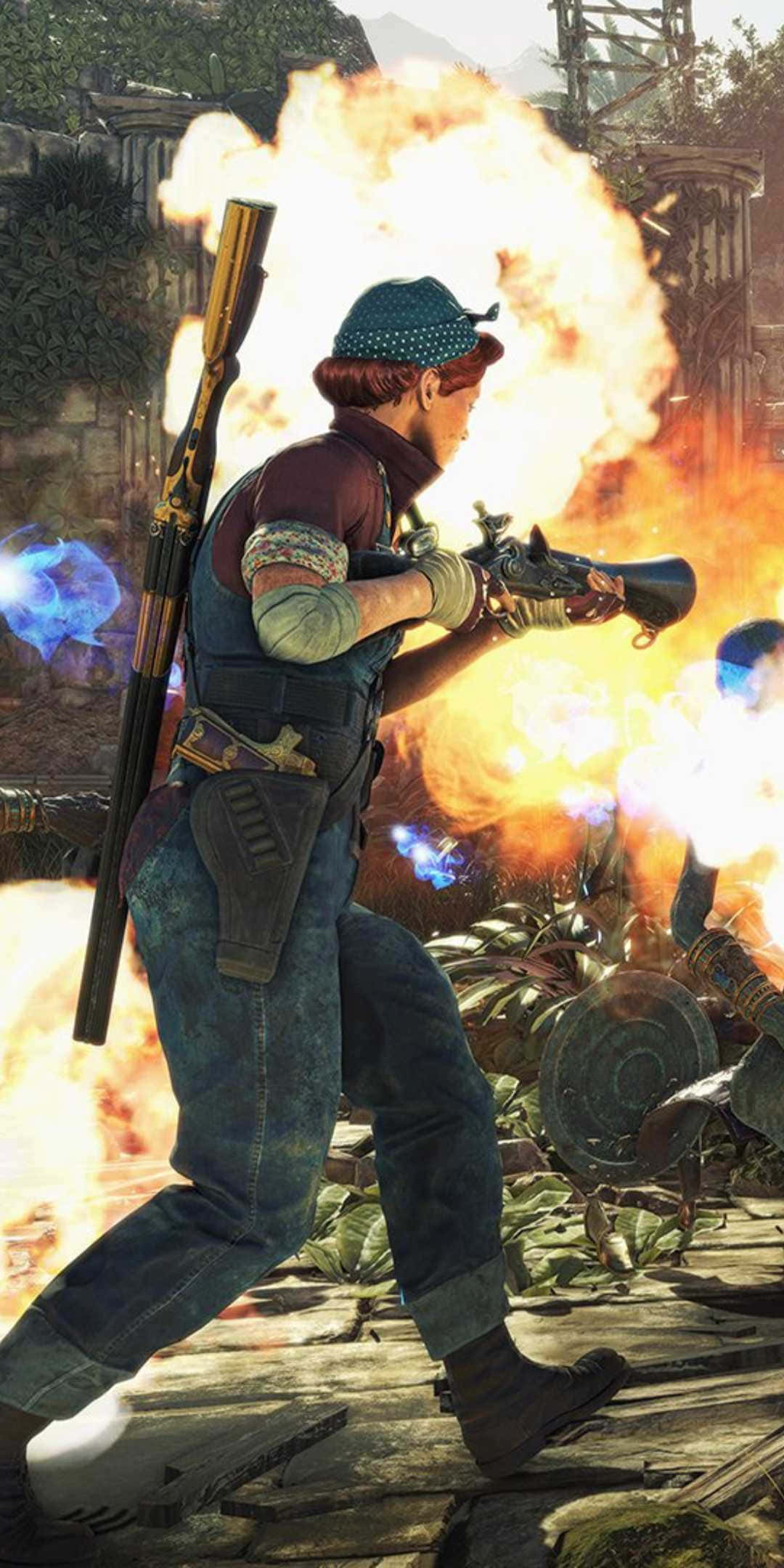 Pixel 3 Strange Brigade 桌布 壁紙 — 一名身穿牛仔布和帽子的戰士在廢墟叢林場景中，於猛烈爆炸中開火。