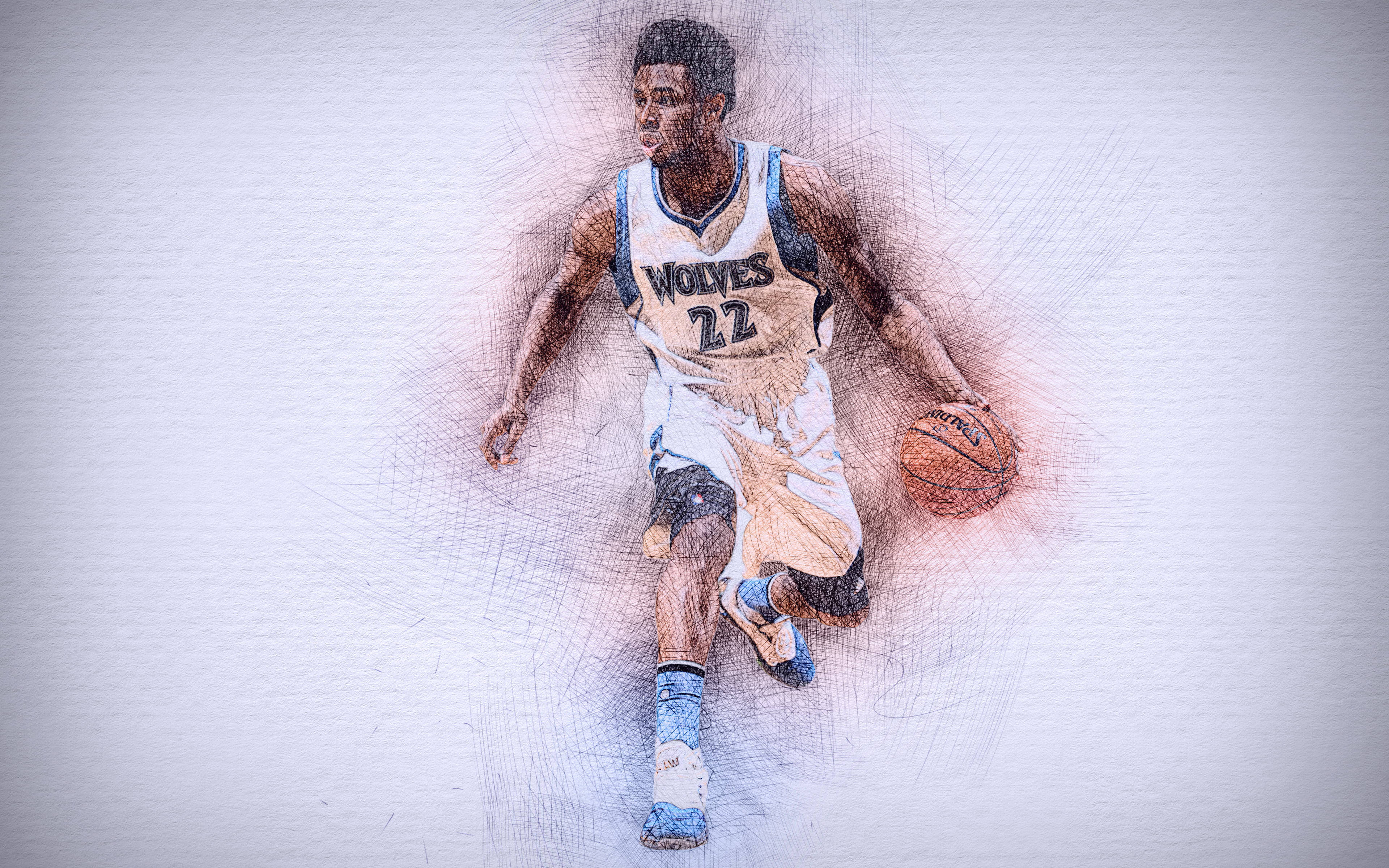 Andrew Wiggins 桌布 壁紙 — 一名身穿狼隊球衣的籃球運動員，在帶有紋理的白色背景上運球，身體周圍散發出動態的運動線條。