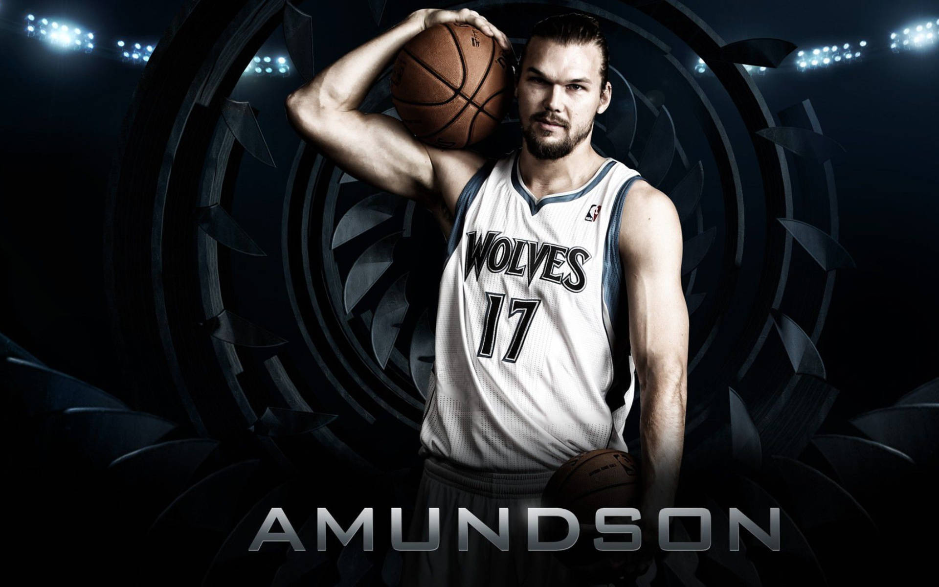 Timberwolves 桌布 壁紙 — 一名身穿狼隊球衣的籃球運動員在戲劇性的場館燈光下，以黑暗圓形隧道為背景，手持籃球。