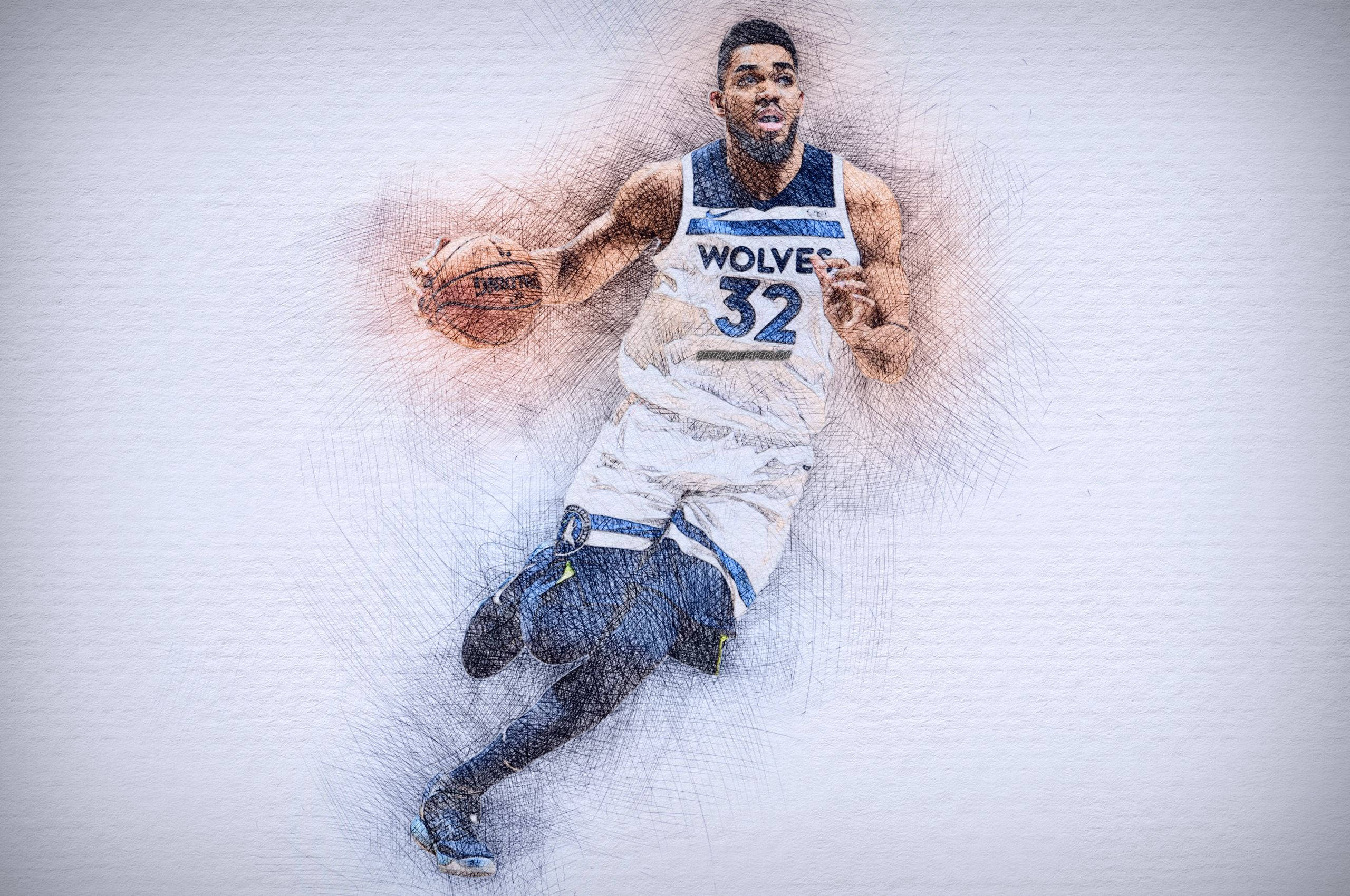 karl-anthony towns 桌布 壁紙 — 一名身穿狼隊球衣的籃球運動員在紋理白色背景上動態運球。