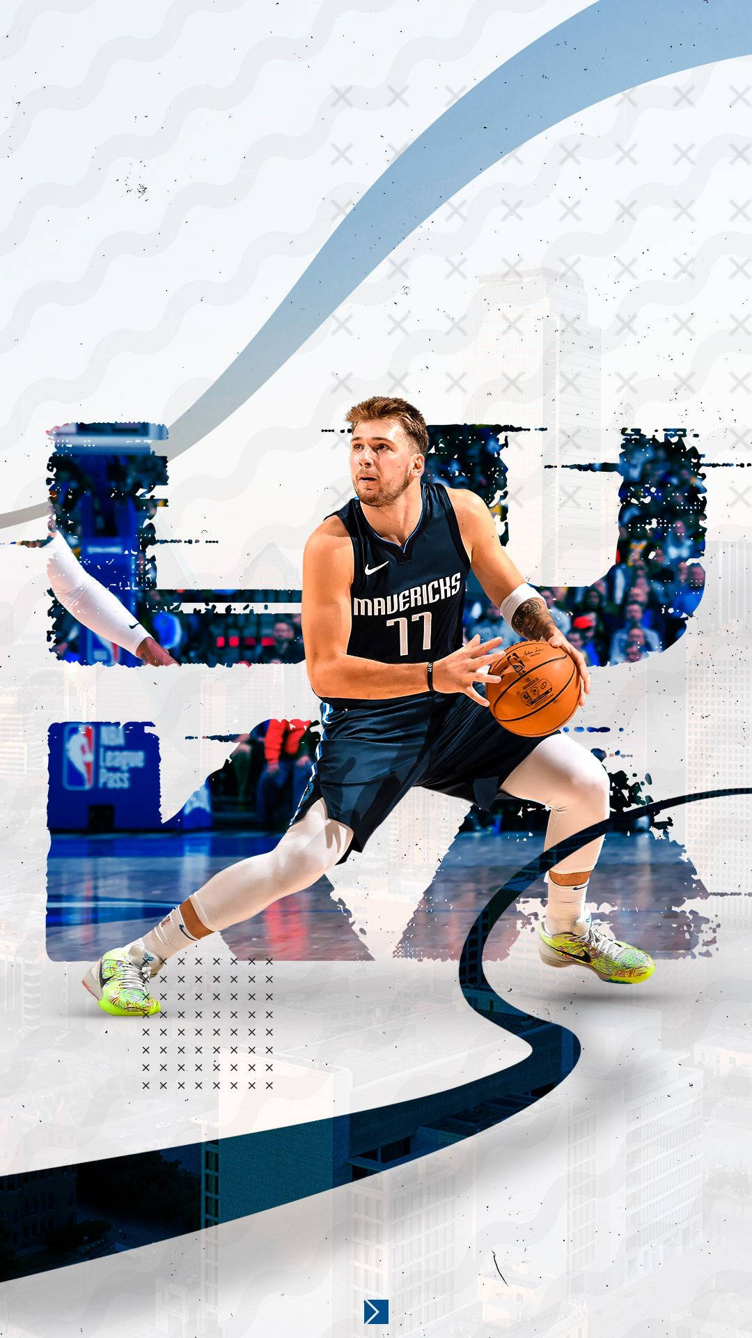 Luka 桌布 壁紙 — 一名身穿獨行俠球衣的籃球運動員，在藍白幾何圖案的風格化抽象背景前專注運球。