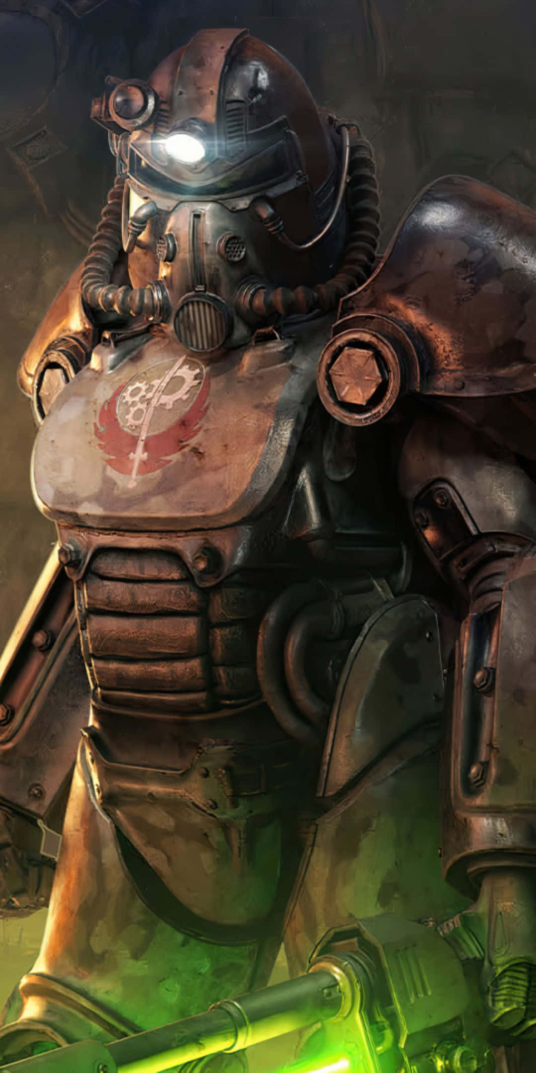 Pixel 3 Fallout 76 桌布 壁紙 — 一名身穿生鏽動力裝甲的重裝廢土戰士，在昏暗燈光下閃爍著綠色武器。