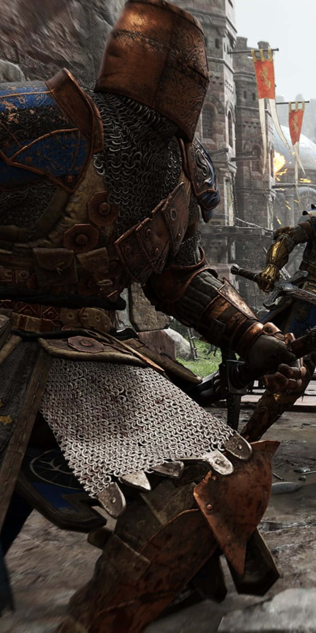 Pixel 3 For Honor 桌布 壁紙 — 一名身穿生鏽板甲和鎖子甲的重裝騎士，準備在石堡壘庭院中戰鬥。
