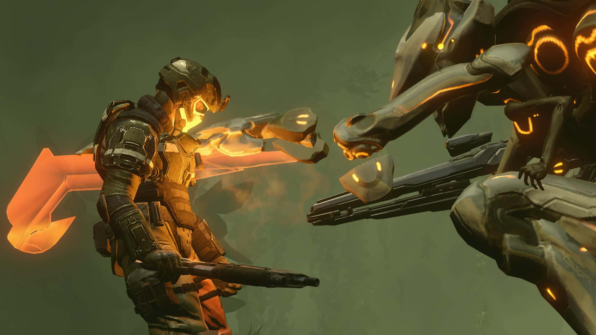 Halo Battle 桌布 壁紙 — 一名身穿發光橙色盔甲的士兵在緊張的科幻戰鬥場景中與生化外星人交戰。