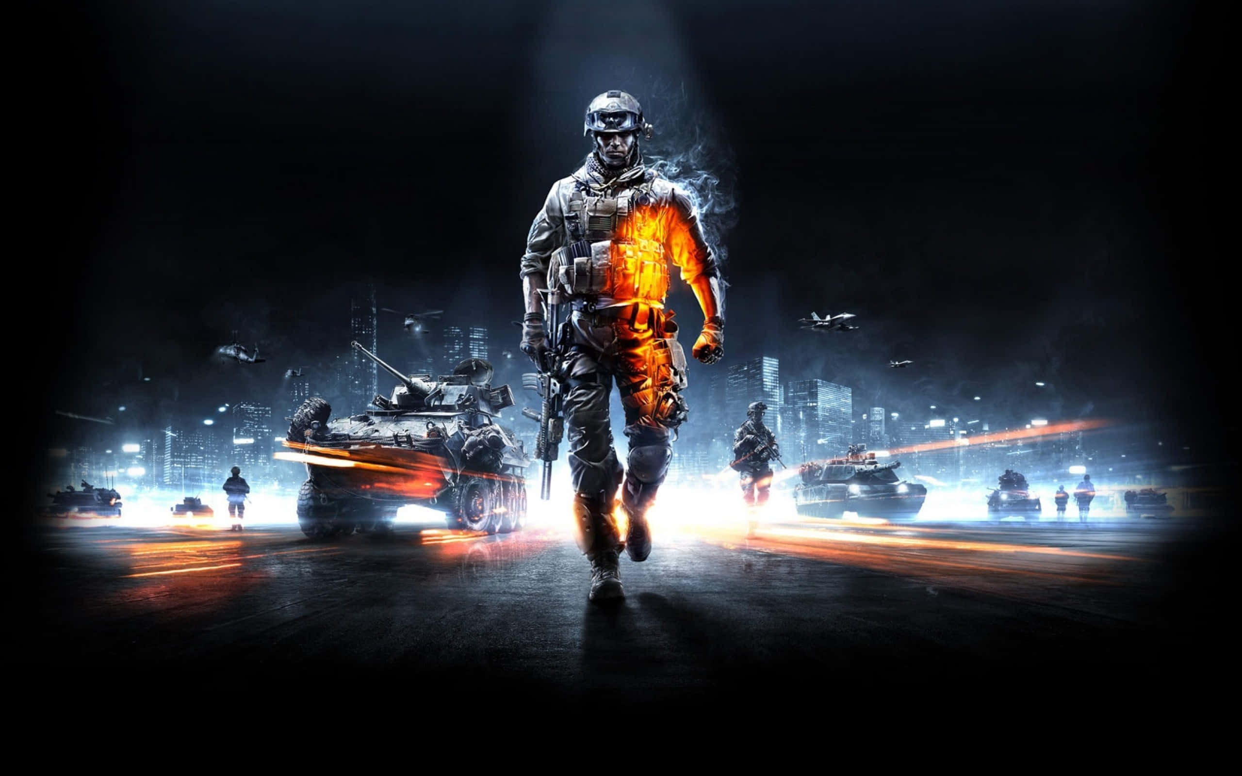 Mobile Gamer 桌布 壁紙 — 一名身穿發光橙色盔甲的士兵在黑暗的未來城市街道上前進，背景中裝甲車和飛行無人機正在戰鬥。