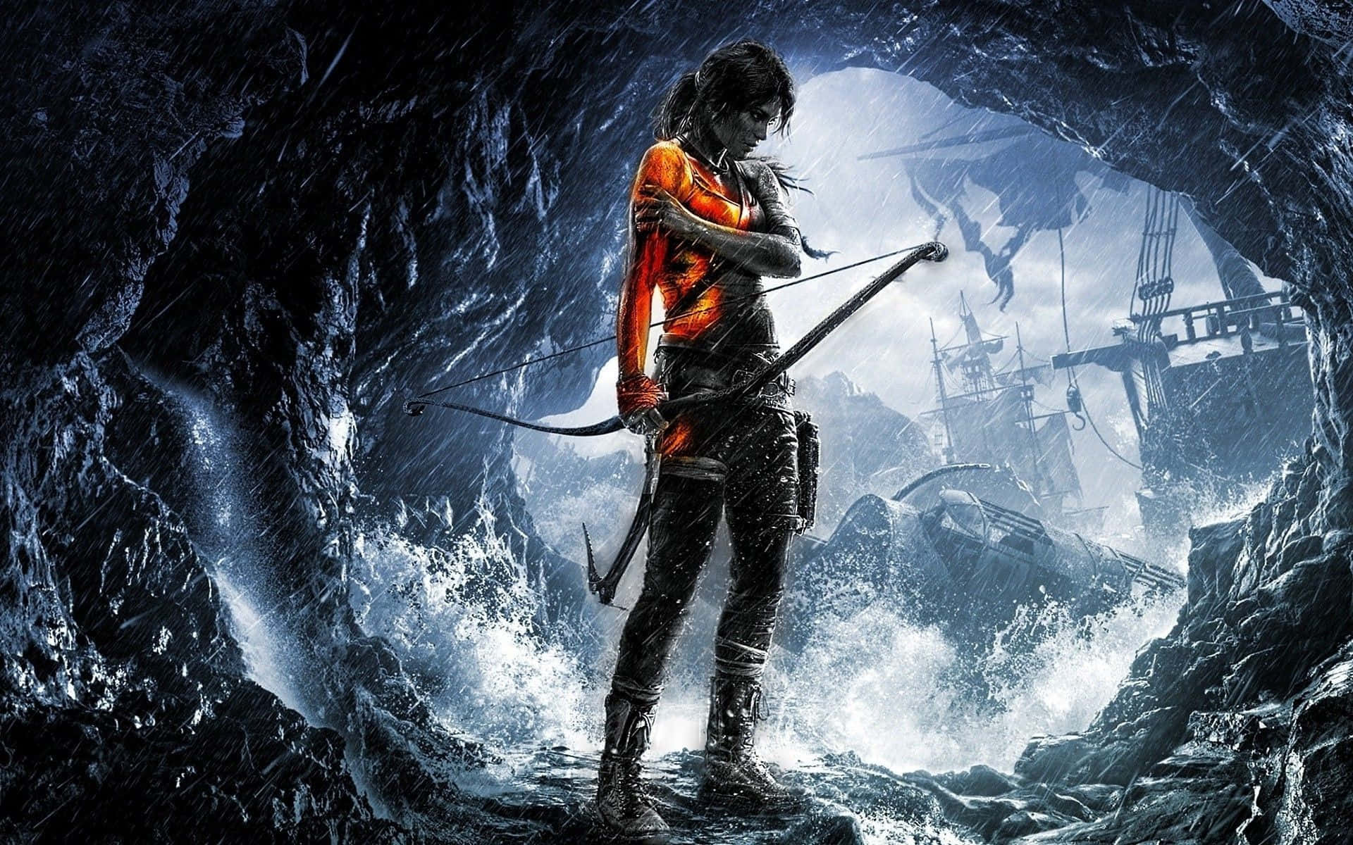Best Shadow Of The Tomb Raider 桌布 壁紙 — 一名身穿發光橙色盔甲的戰士站在風暴洞穴中，手持弓箭，洞口可見一艘沉船。