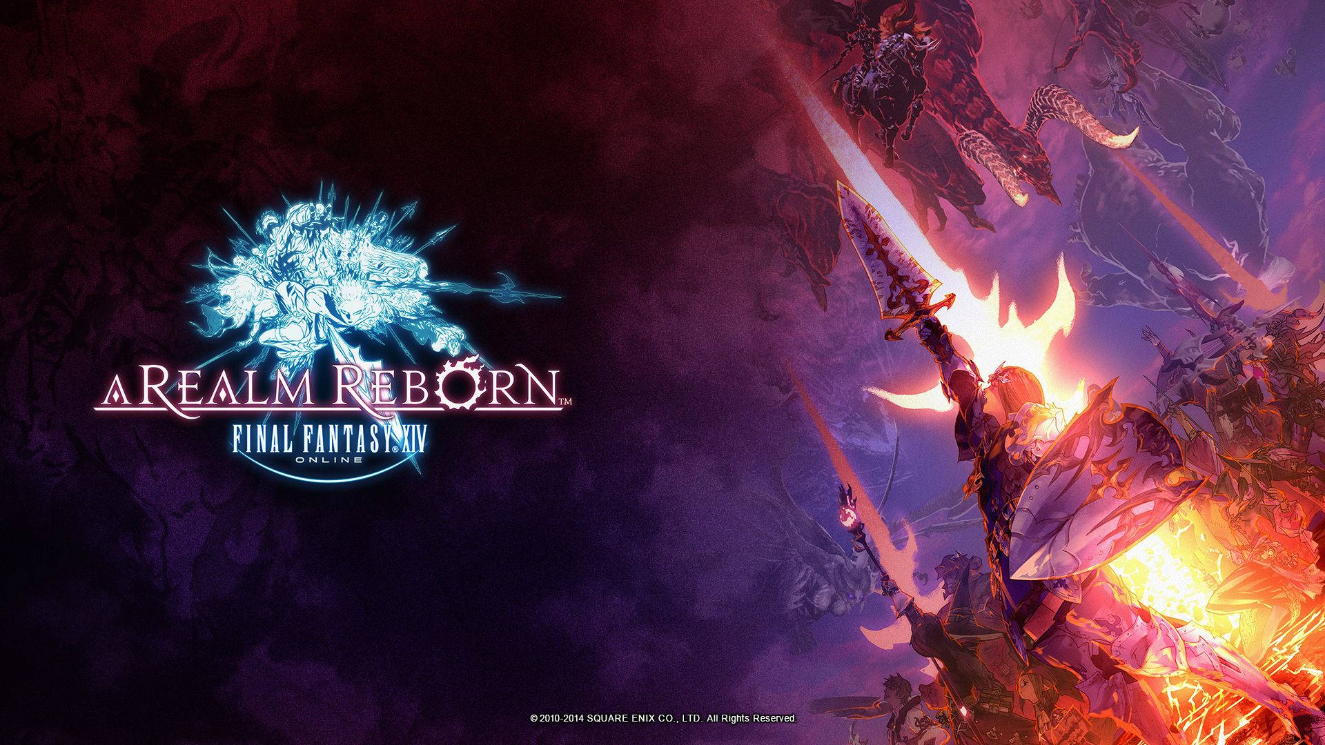 Ff14 桌布 壁紙 — 一名身穿發光盔甲的戰士在熾熱爆炸和深紫色雲層中與巨龍戰鬥。