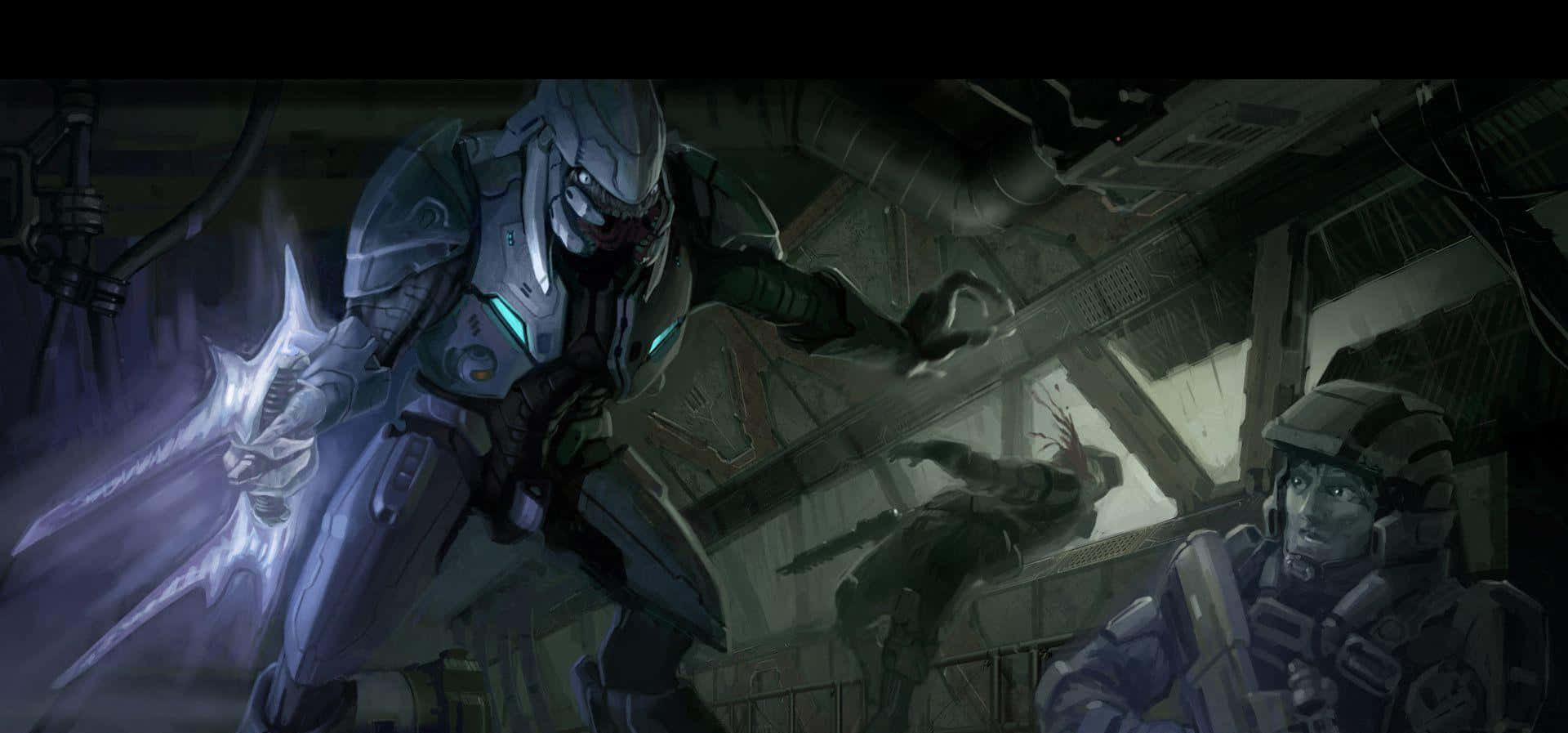Halo Covenant 桌布 壁紙 — 一名身穿發光盔甲的未來士兵在昏暗的工業走廊中揮舞等離子劍，另一名士兵在旁觀看。