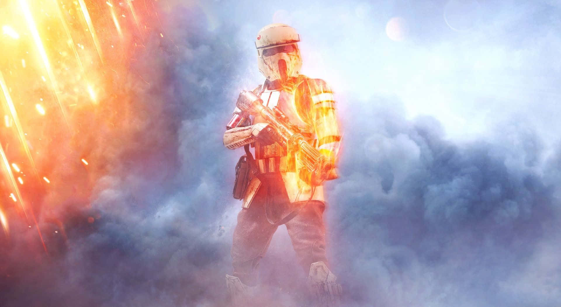 Blaster Rifles 桌布 壁紙 — 一名身穿發光盔甲的未來戰士，在戲劇性的天空下，站在猛烈爆炸和翻滾濃煙之中。