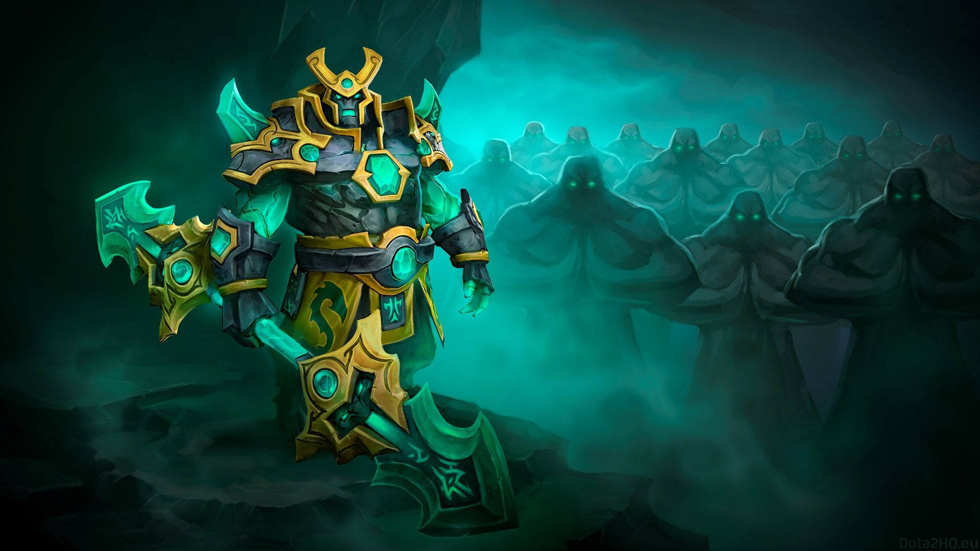 Dota 2 桌布 壁紙 — 一名身穿發光綠色和金色盔甲的重裝戰士，在迷霧洞穴中挑釁地站在一排陰影兜帽人物面前。