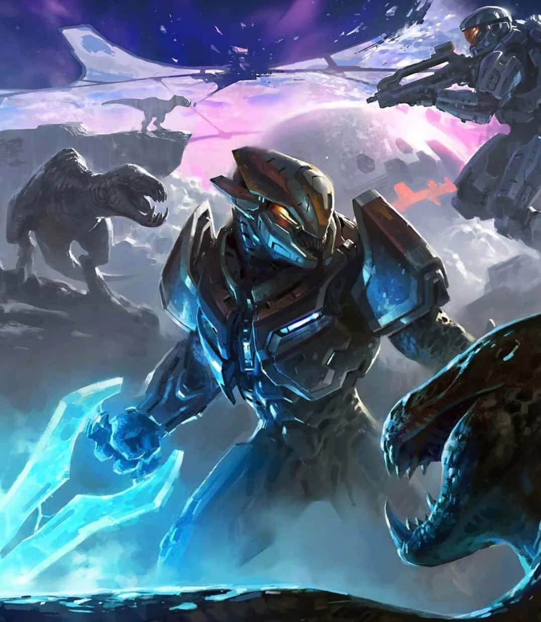 Sangheili 桌布 壁紙 — 一名身穿發光藍色盔甲的未來士兵在紫色天空下的迷霧外星行星上與恐龍戰鬥。