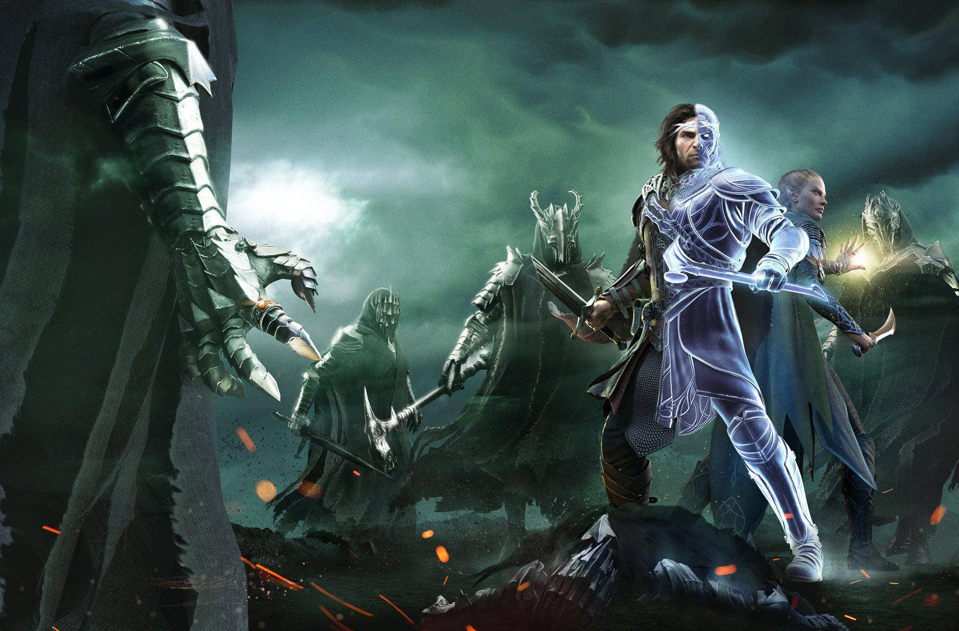 middle earth shadow of war 桌布 壁紙 — 一名身穿發光鎧甲的戰士在暴風雨的天空下， defiant地對抗一個高聳的黑暗身影和陰影中的敵人。