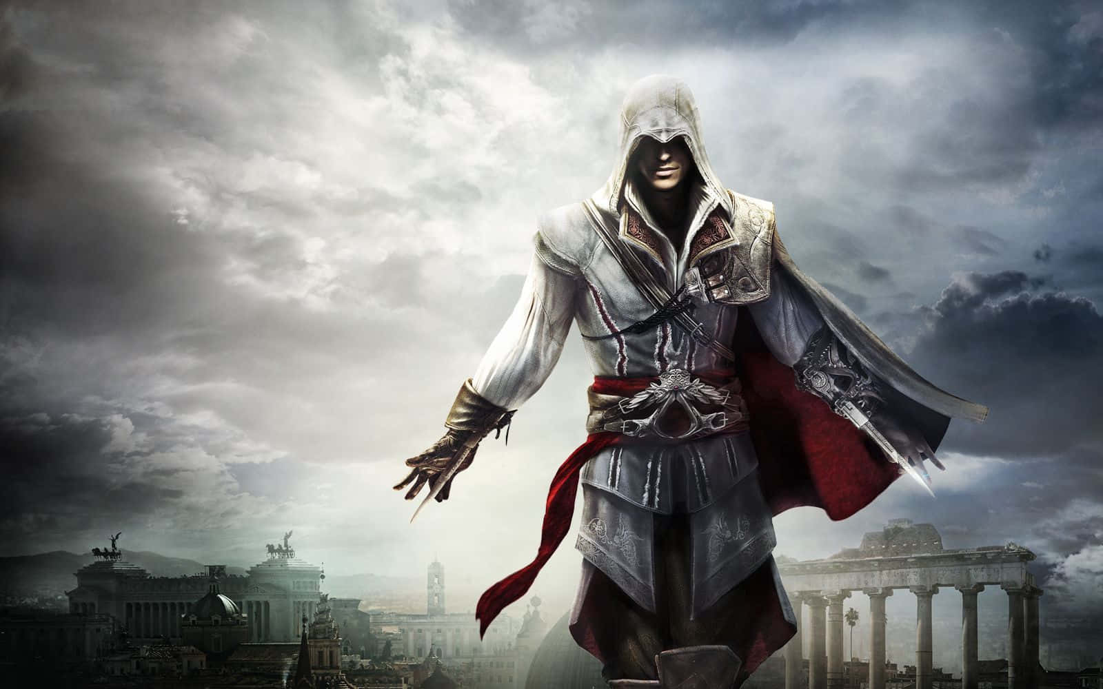 Assassin's Creed Ezio 桌布 壁紙 — 一名身穿白紅長袍的蒙面刺客，在暴風雨的天空下，立於古代廢墟之上。