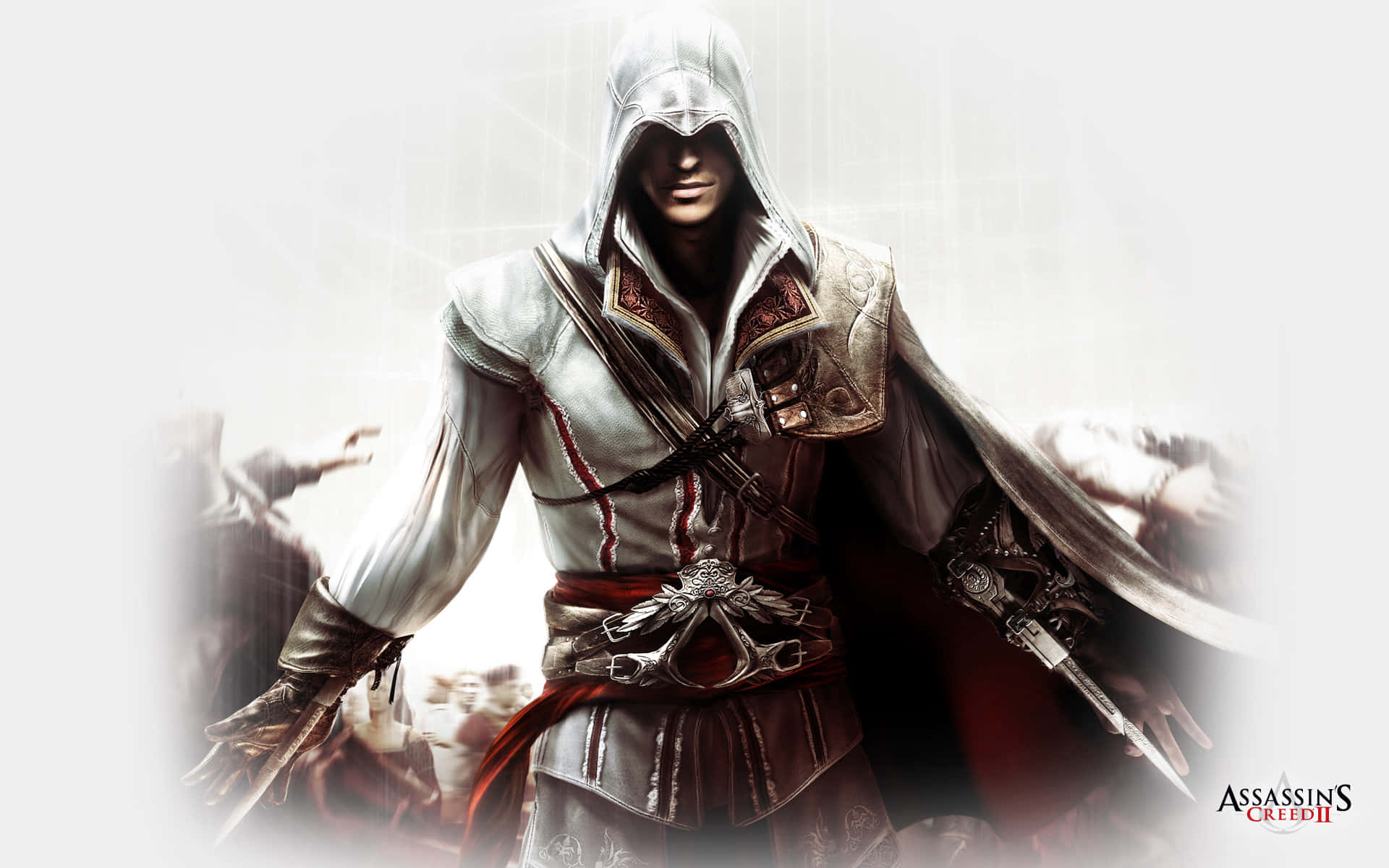 Ezio Auditore 桌布 壁紙 — 一名身穿白紅長袍的蒙面刺客，在模糊的人群背景前拔出隱藏刀刃，蓄勢待發。