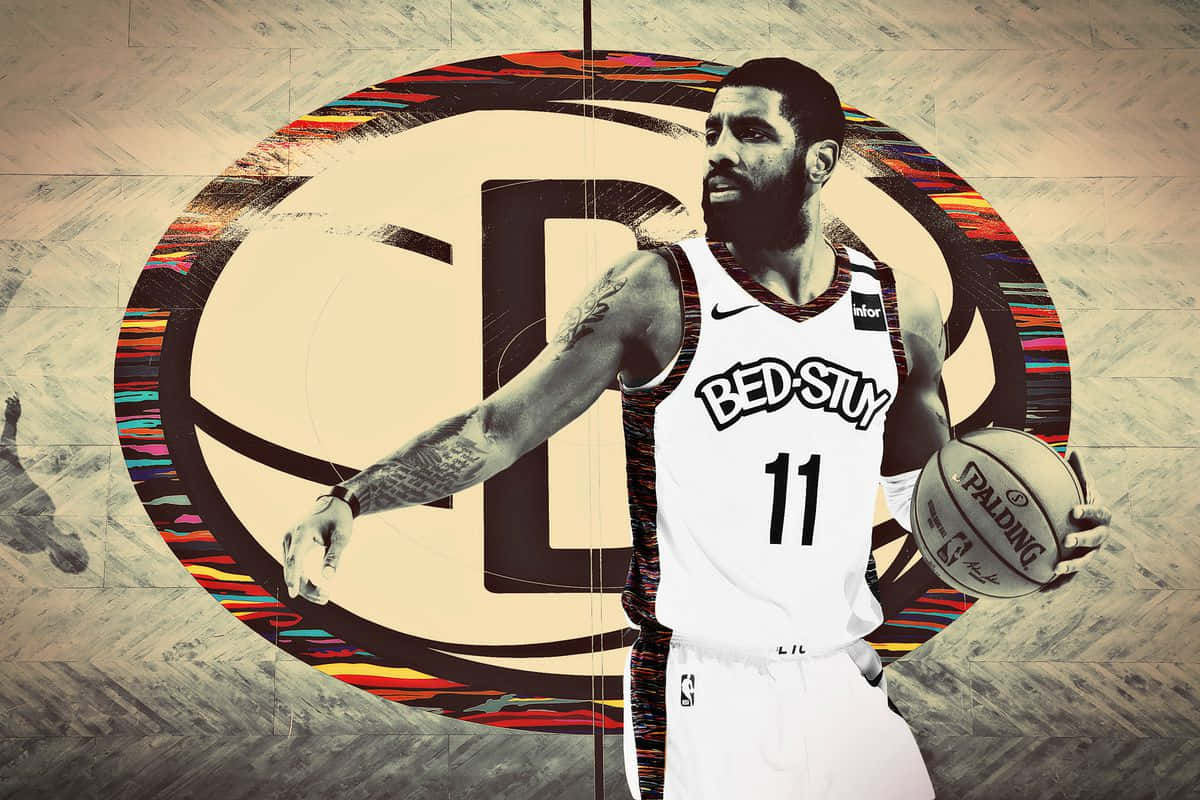 Kyrie Irving Cool 桌布 壁紙 — 一名身穿白色 'BEDSTUY' 球衣的籃球運動員，在風格化的彩色圓形標誌背景前手持 Spalding 球。