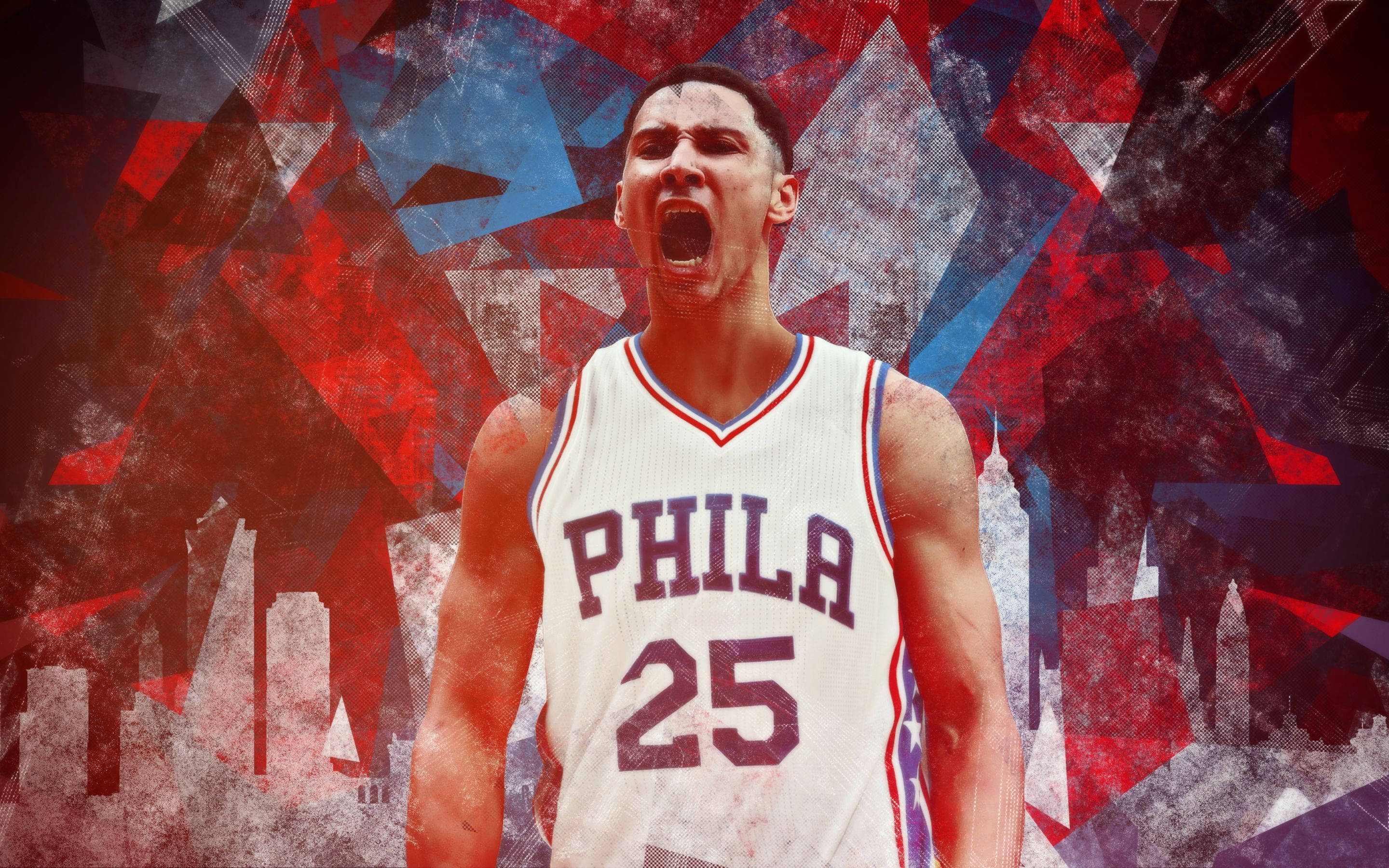 NBA 桌布 壁紙 — 一名身穿白色 'PHILA 25' 球衣的籃球運動員，在風格化的紅、藍、白幾何城市景觀背景下激烈咆哮。