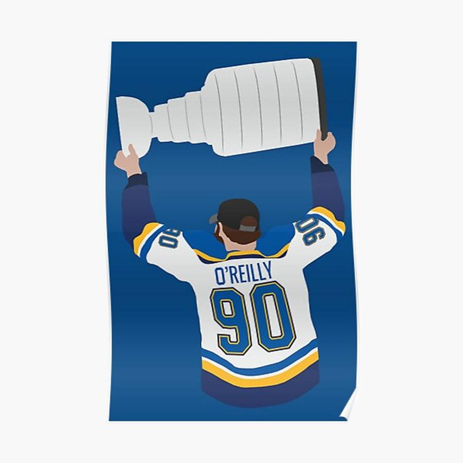 hockey 桌布 壁紙 — 一名身穿白色、藍色和黃色球衣、號碼90的冰球運動員，在純藍色背景前將史丹利盃高舉過頭。
