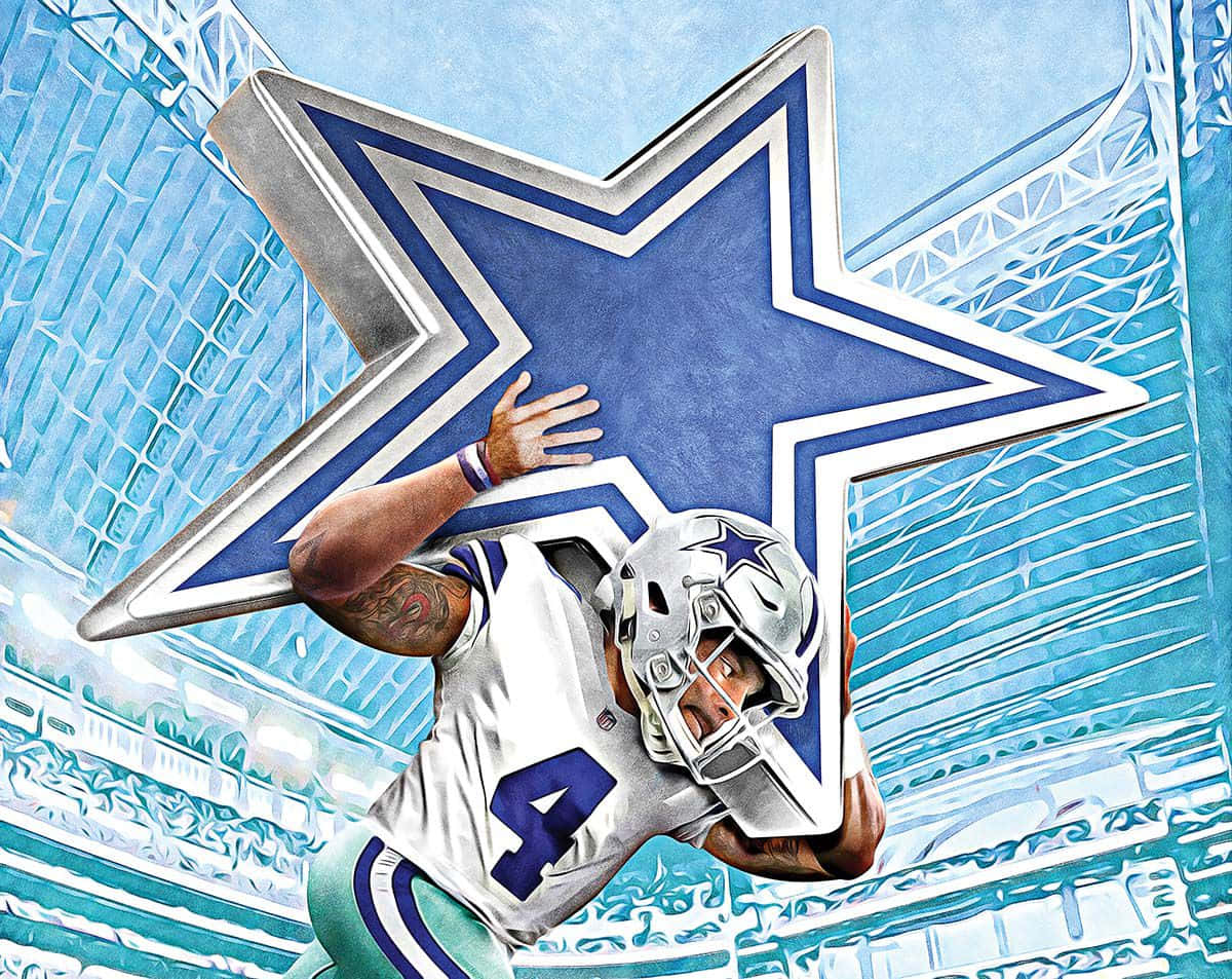 Dallas Cowboys Players 桌布 壁紙 — 一名身穿白色4號球衣的達拉斯牛仔隊美式足球員，在風格化的體育場背景下手持一個巨大的藍色星星標誌。