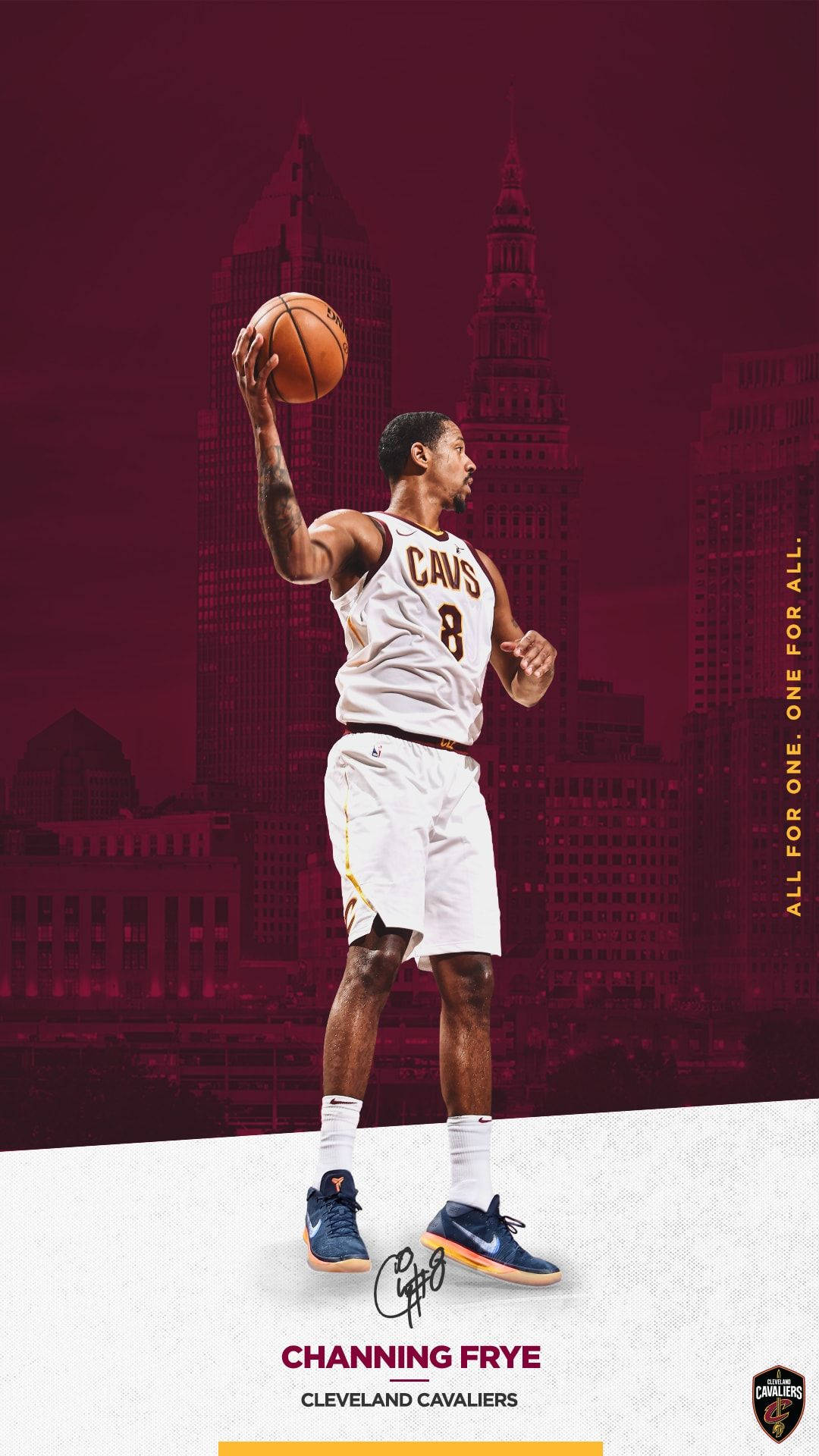 cavaliers 桌布 壁紙 — 一名身穿白色Cavs球衣的籃球運動員準備在栗色城市天際線背景下投籃。