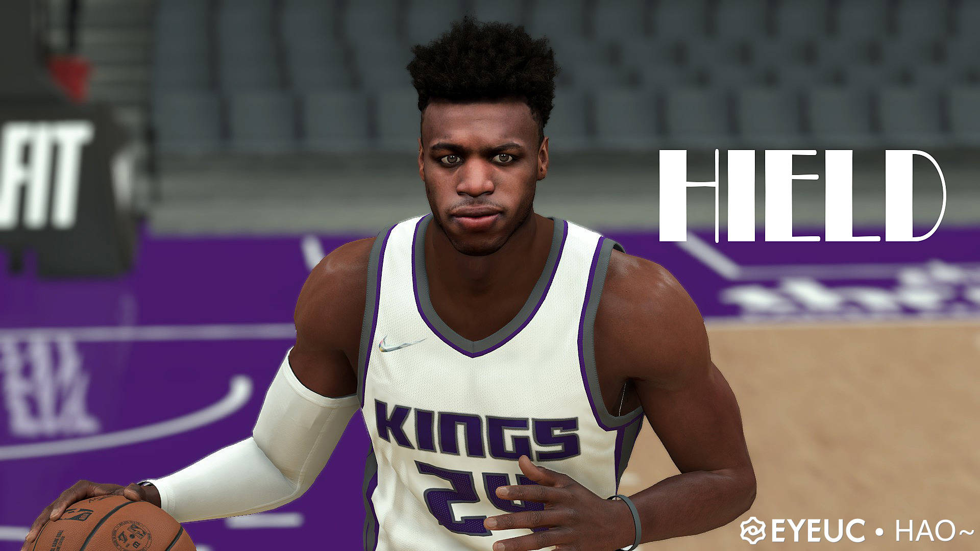 buddy hield 桌布 壁紙 — 一名身穿白色Kings球衣的籃球運動員在紫色球場上持球，背景有'HIELD'字樣。