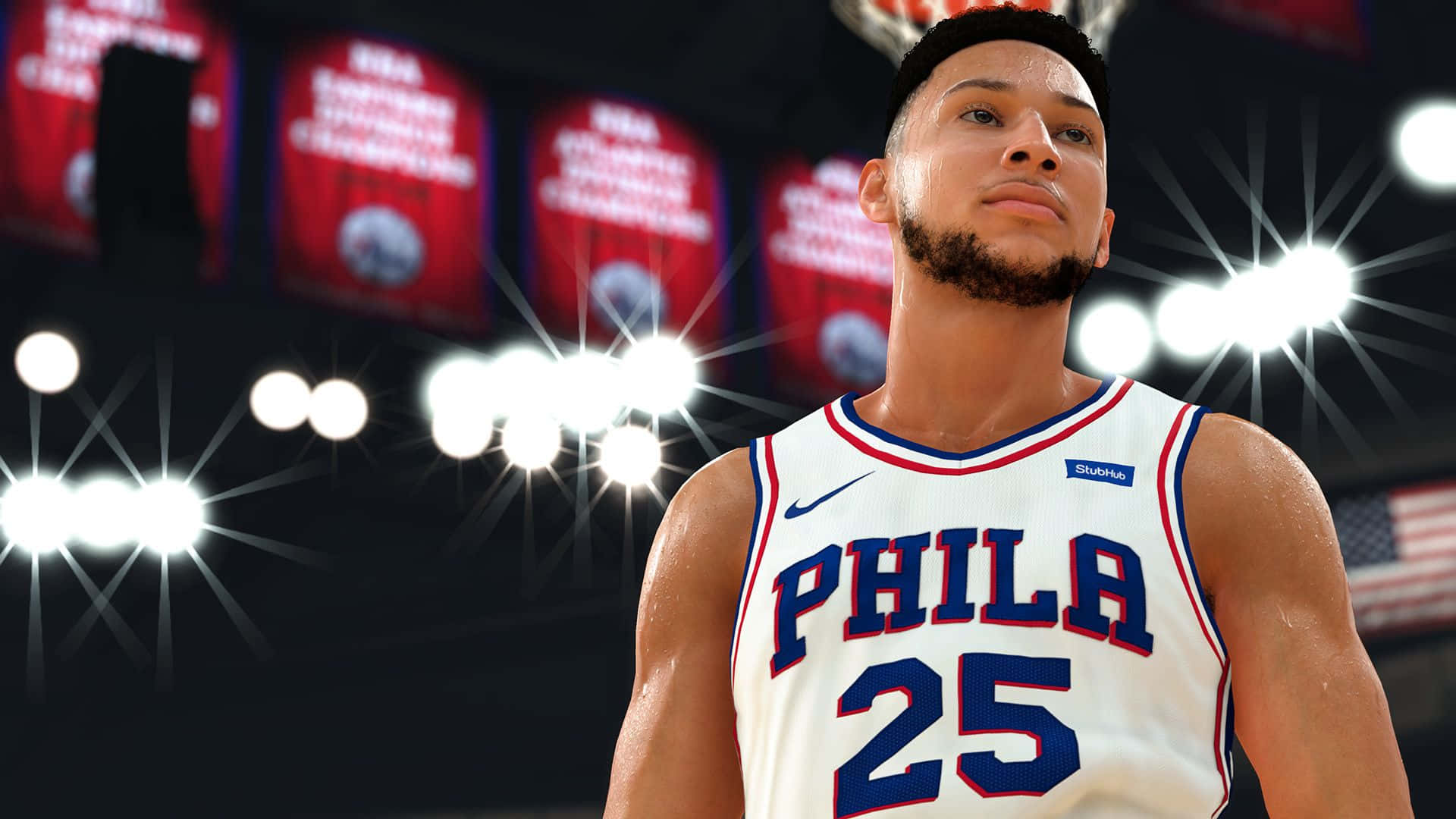 NBA 2k20 桌布 壁紙 — 一名身穿白色Phila球衣、號碼25的籃球運動員站在明亮的場館燈光下，背景有冠軍旗幟。