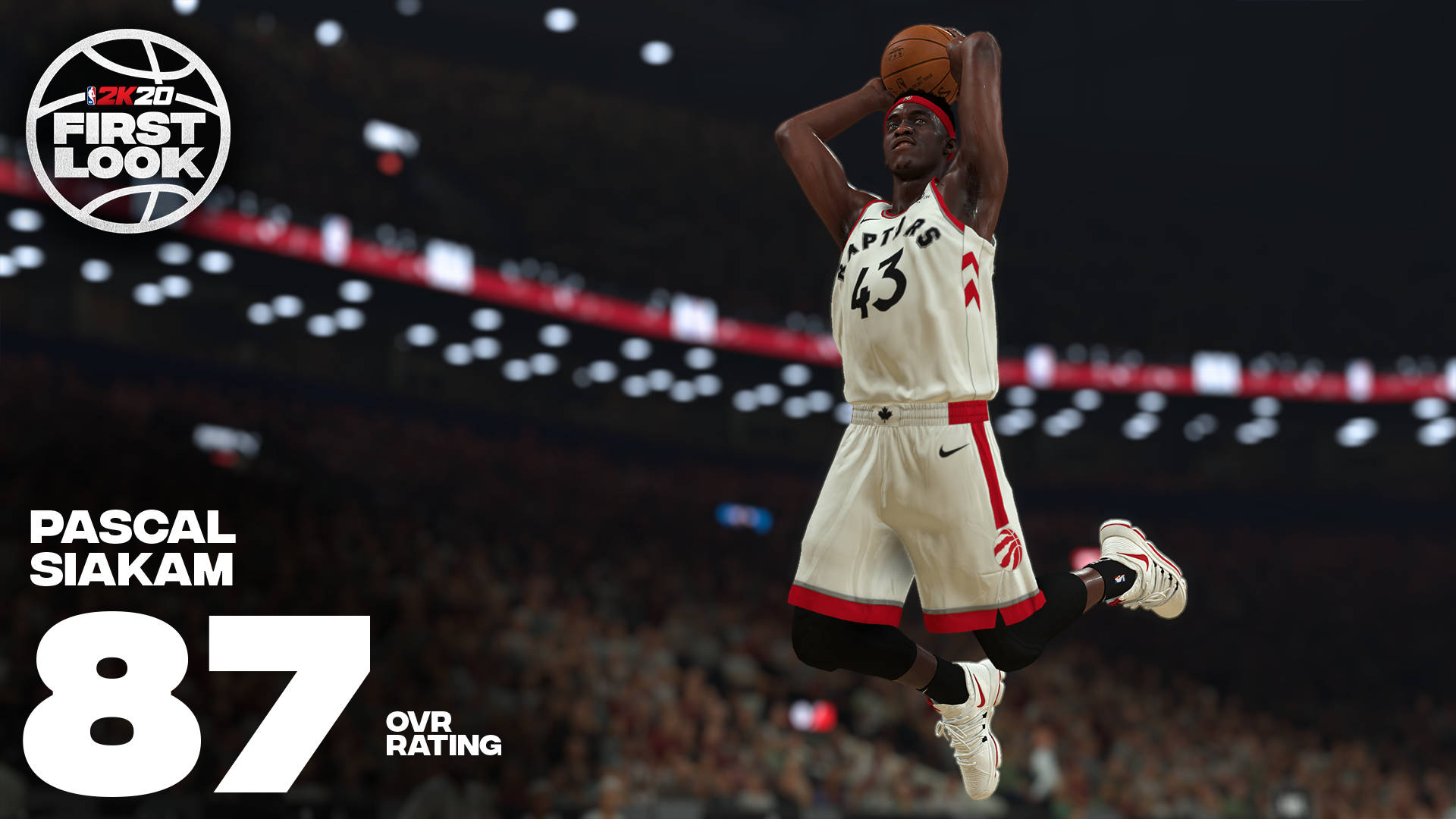 pascal 桌布 壁紙 — 一名身穿白色Raptors球衣的籃球運動員在明亮的體育場燈光下，在擠滿觀眾的場館中高高躍起投籃。
