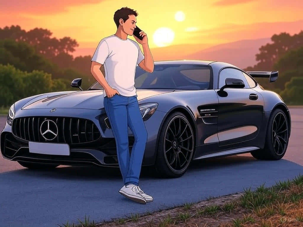 Young Man in Casual Outfit Holding Phone Near a Car – AI Wallpaper 壁紙 — 一名身穿白色T恤和藍色牛仔褲的年輕男子在日落時分靠在一輛時尚的黑色Mercedes AMG GT跑車上。