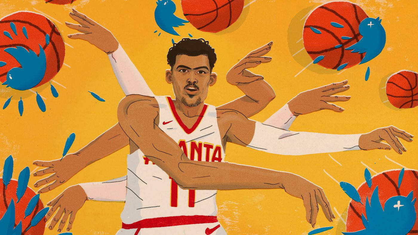 Trae Young 桌布 壁紙 — 一名身穿白色亞特蘭大球衣的籃球運動員，有多隻手臂伸向漂浮的籃球和藍色鳥標誌，背景是鮮黃色。