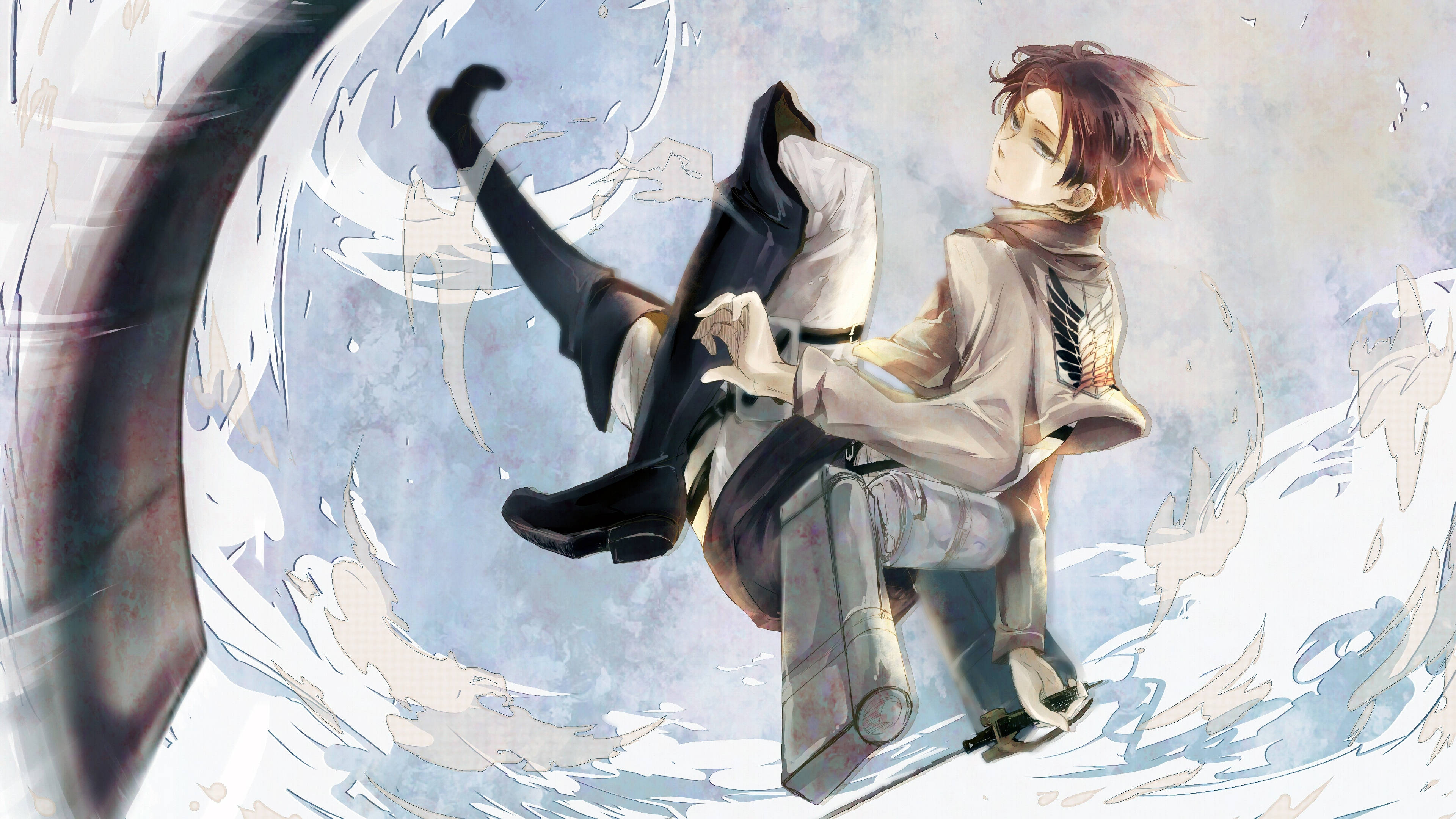Levi 桌布 壁紙 — 一名身穿白色制服和裝備的年輕男子，在旋轉的藍色和白色能量中懸浮在半空中，表情堅定。