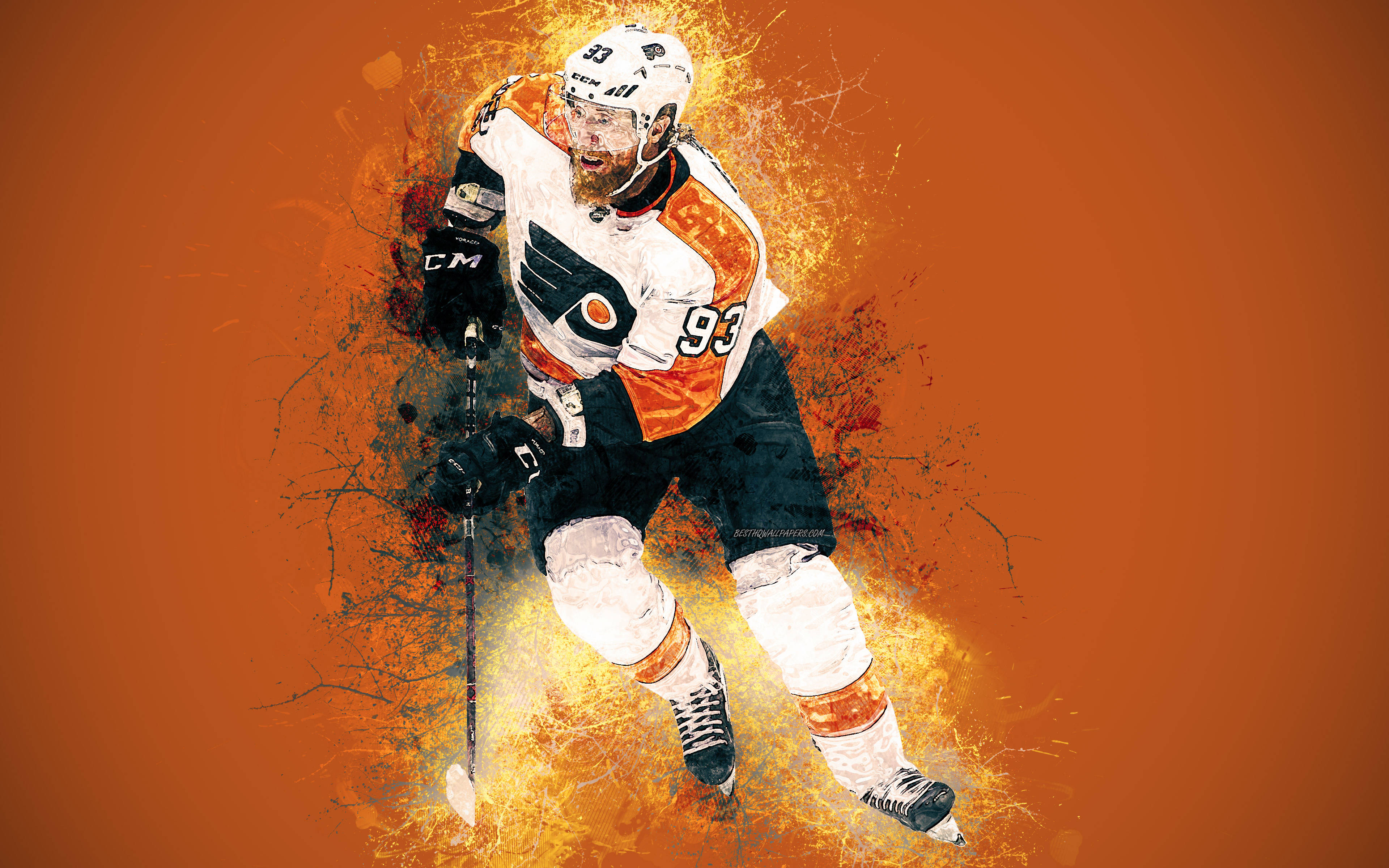 hockey 桌布 壁紙 — 一名身穿白色和橙色裝備的動感曲棍球運動員，在熾熱的橙色背景下充滿能量地向前衝刺。