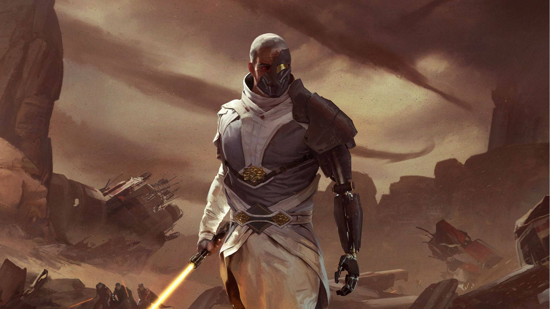 Jedi 桌布 壁紙 — 一名身穿白色和灰色盔甲的面具戰士，在暴風雨天空下的廢墟沙漠戰場中揮舞著發光的橙色光劍。