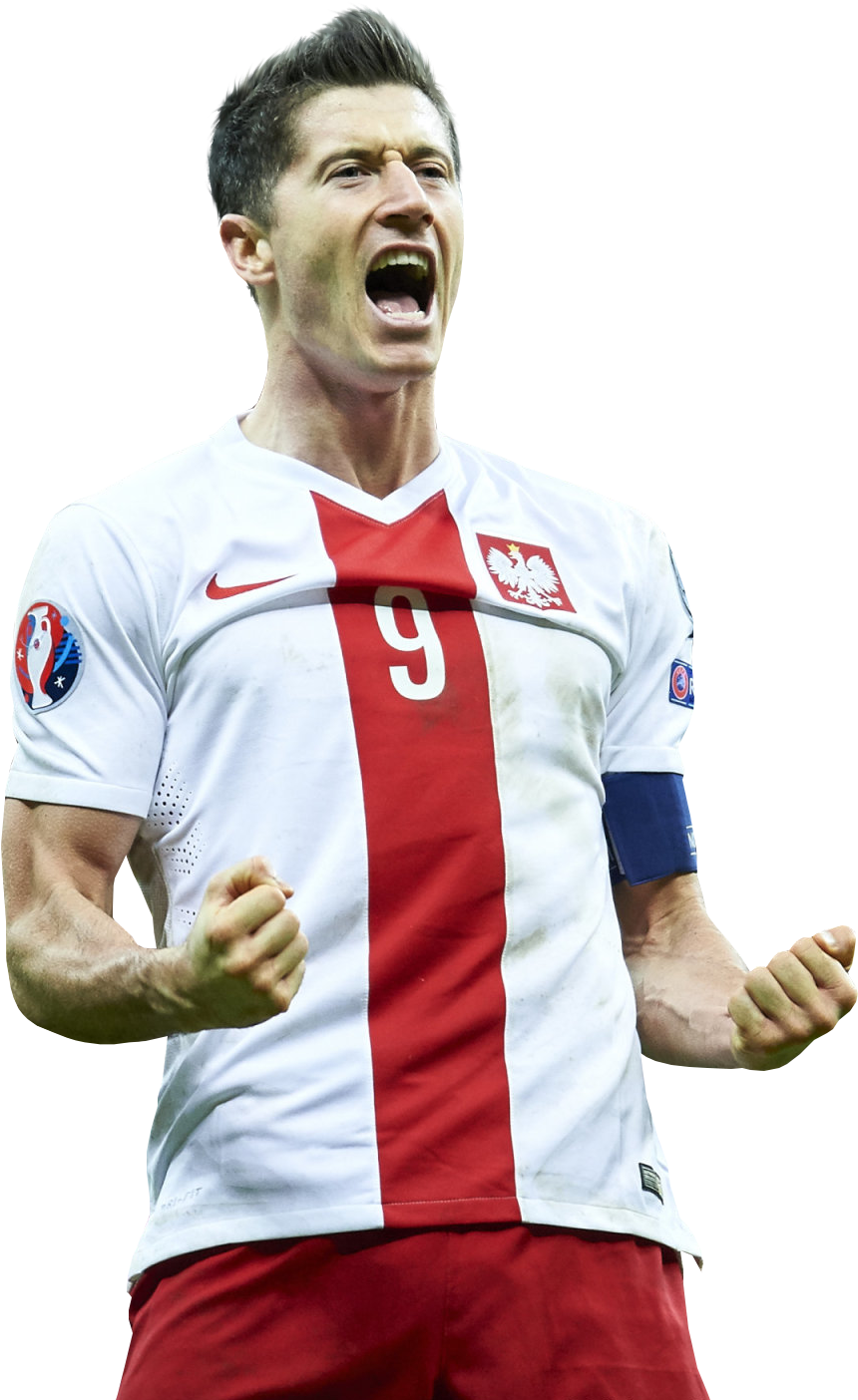Football Players 桌布 壁紙 — 一名身穿白色和紅色球衣、背號9的波蘭足球運動員在黑色背景下熱情地握緊拳頭慶祝。