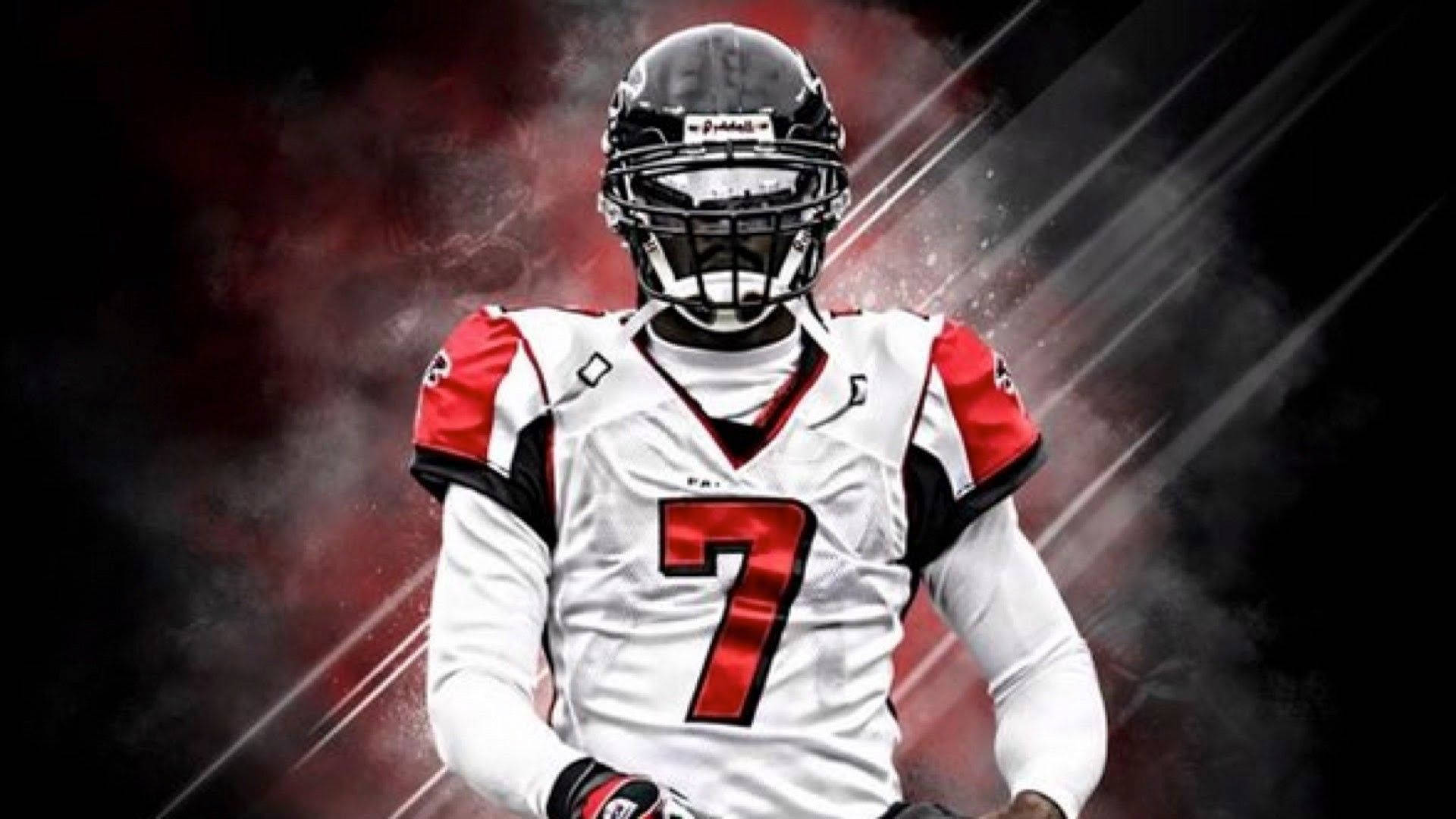 Lamar Jackson 桌布 壁紙 — 一名身穿白色和紅色球衣、號碼7的足球員，自信地站在帶有紅色和白色條紋的黑暗煙霧背景前。