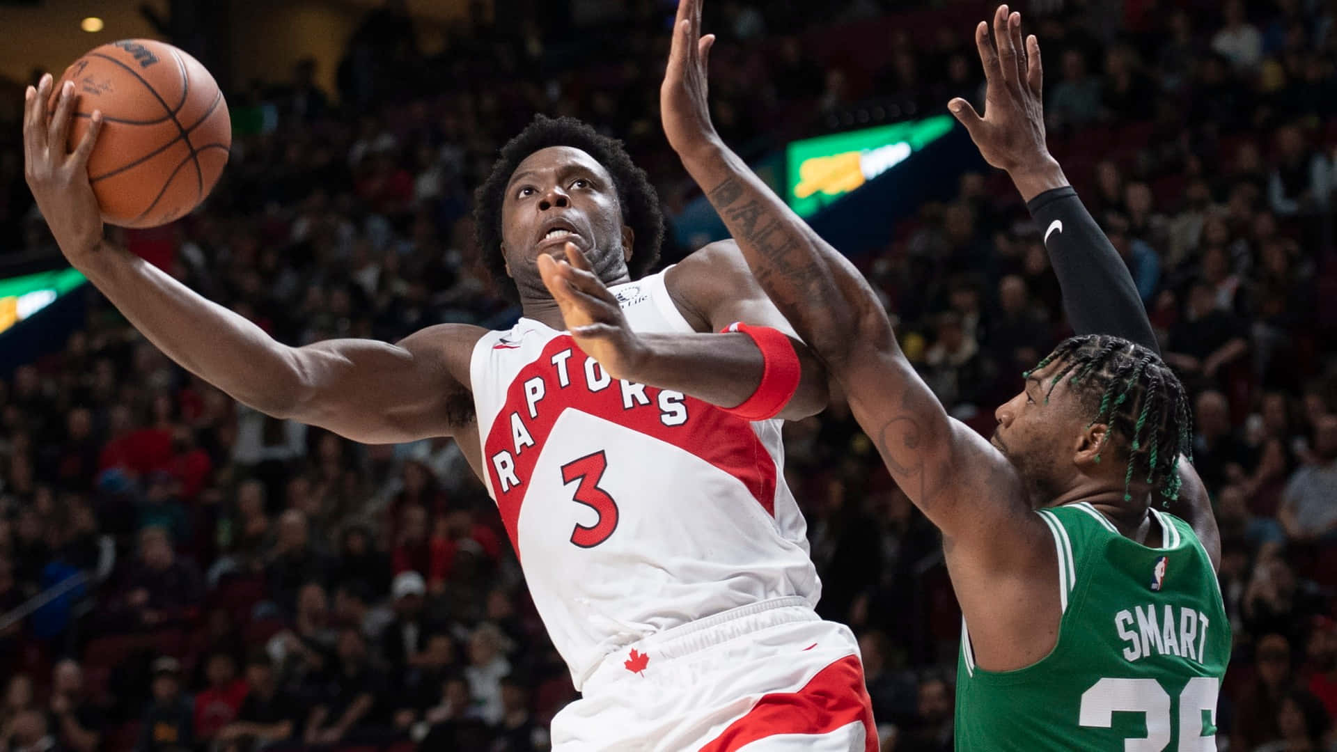 NBA 桌布 壁紙 — 一名身穿白色和紅色球衣的多倫多暴龍隊球員跳起投籃，而一名身穿綠色球衣的波士頓塞爾提克隊防守球員則試圖封阻該投籃。