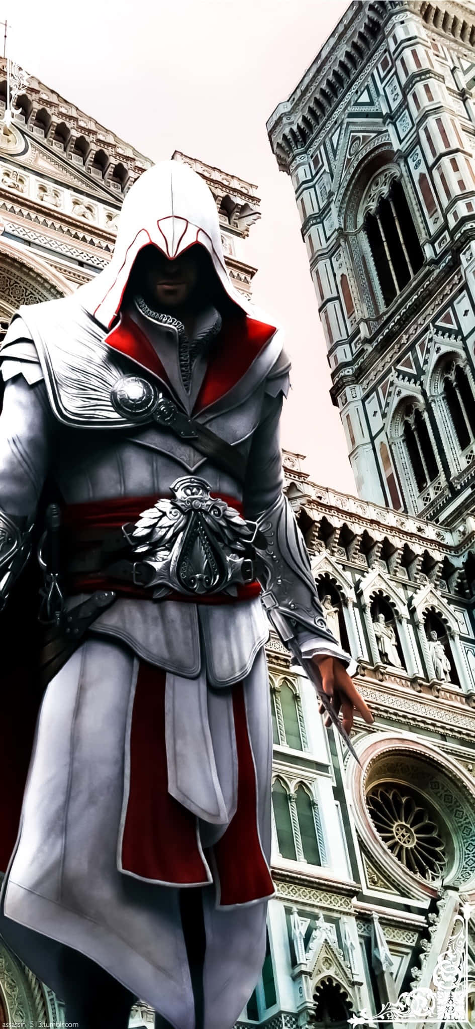 Ezio Auditore 桌布 壁紙 — 一名身穿白色和紅色盔甲的蒙面刺客，站在陰天之下華麗的佛羅倫斯建築前。