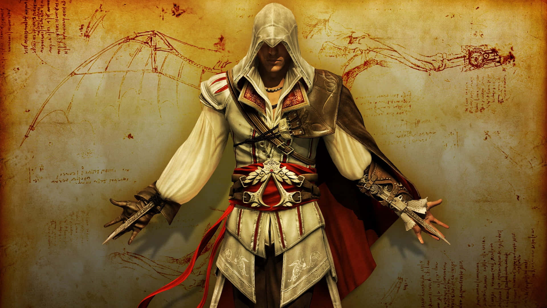 Desmond Miles 桌布 壁紙 — 一名身穿白色和紅色裝備的兜帽刺客，在佈滿古老素描的羊皮紙背景下，手持隱藏刀刃蓄勢待發。