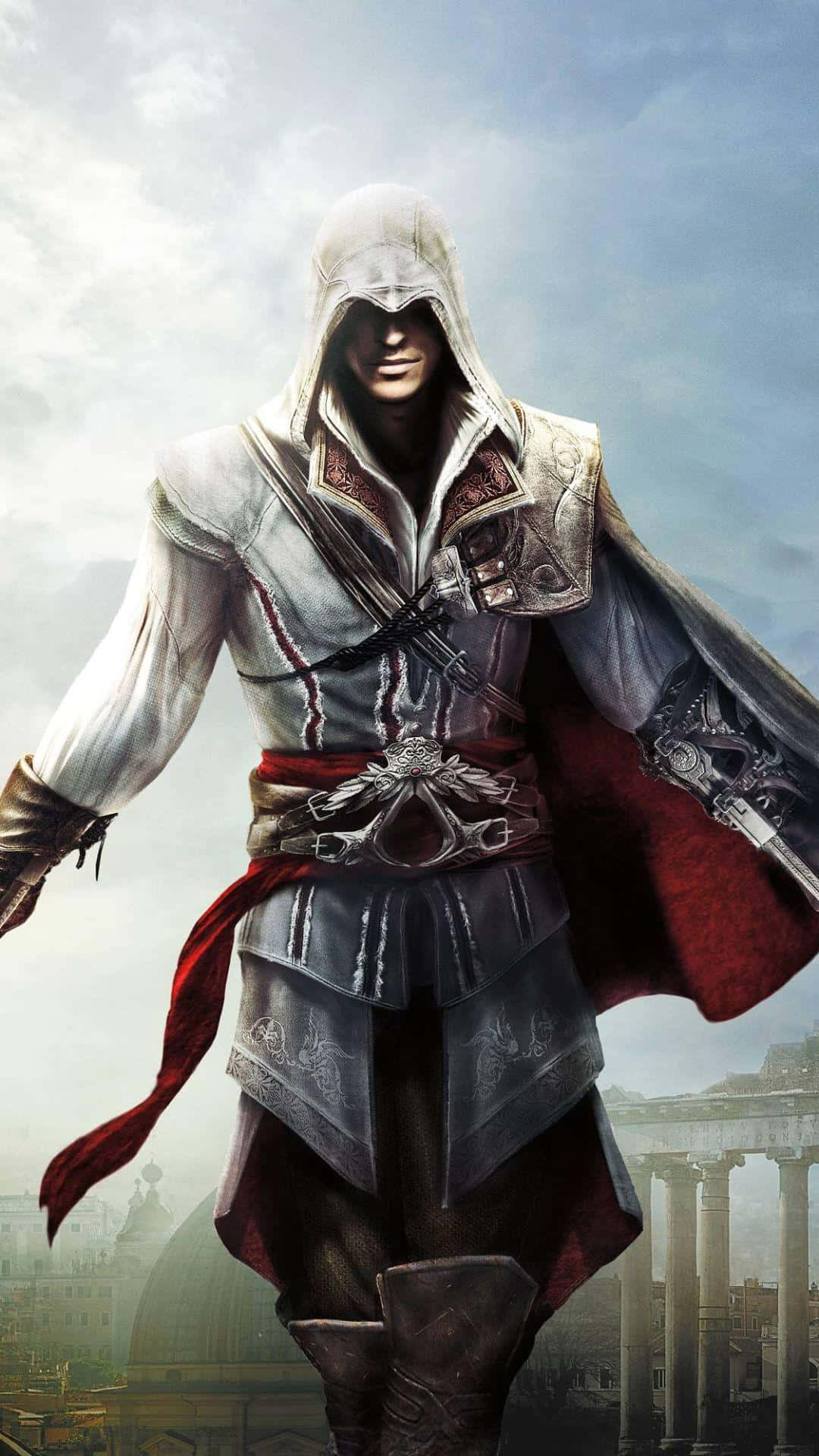 iPhone X Assassin's Creed Valhalla 桌布 壁紙 — 一名身穿白色和紅色長袍的蒙面刺客，在陰雲密布的天空和古老圓柱的背景下擺好姿勢。
