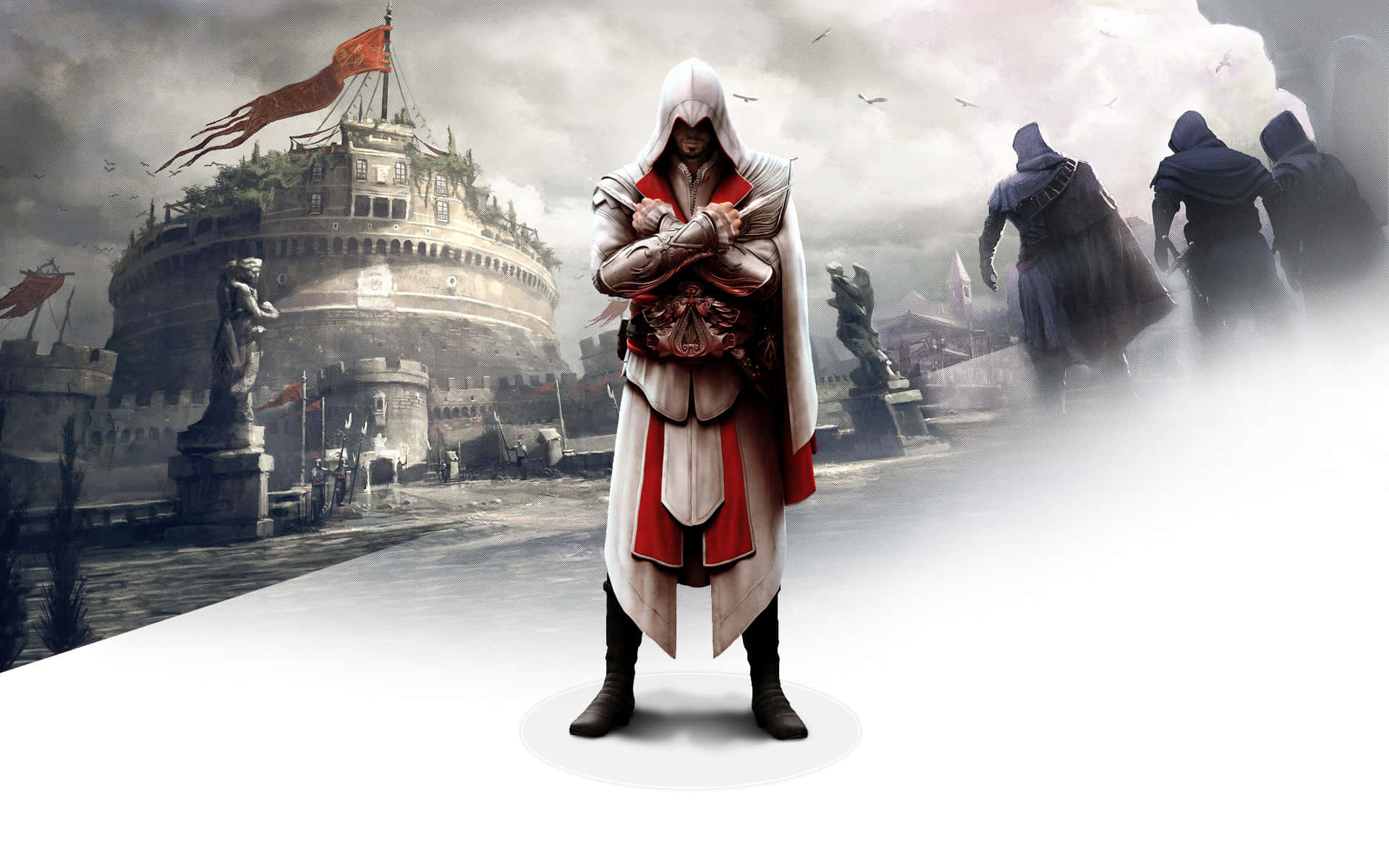 Ezio Auditore 桌布 壁紙 — 一名身穿白色和紅色長袍的蒙面刺客，在暴風雨天空下挑釁地站在堡壘前，陰影人物正在逼近。